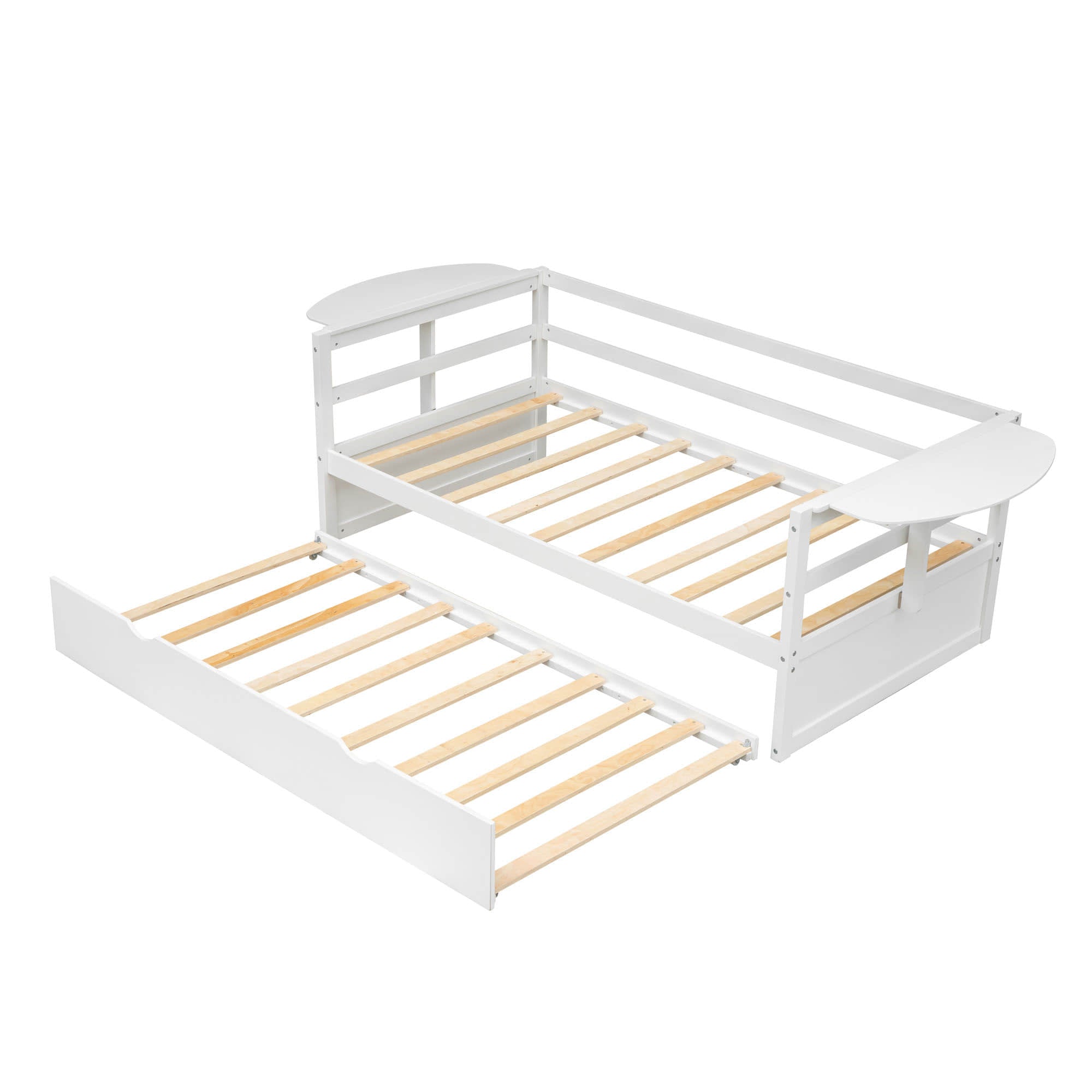 Modern Wood Twin Daybed with Trundle Bed and Foldable Shelves