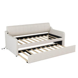 Twin Upholstered Daybed with Convertible Rising Trundle and USB Charging Socket