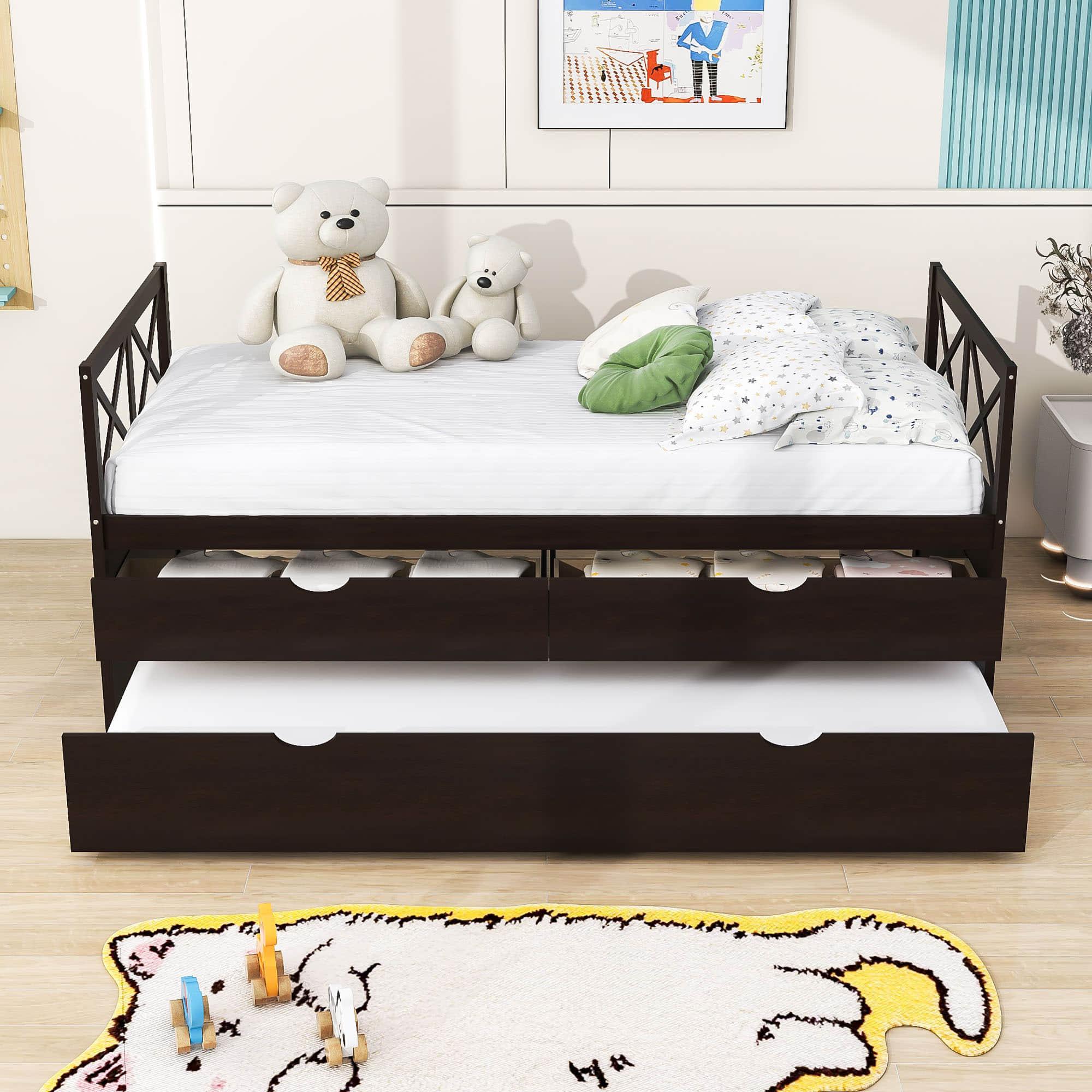 Twin Daybed with Trundle and Storage Drawers for Kids Adults - [Wood, Backless]