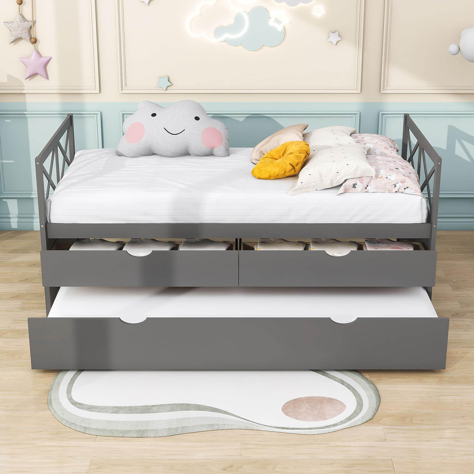 Twin Daybed with Trundle and Storage Drawers for Kids Adults - [Wood, Backless]