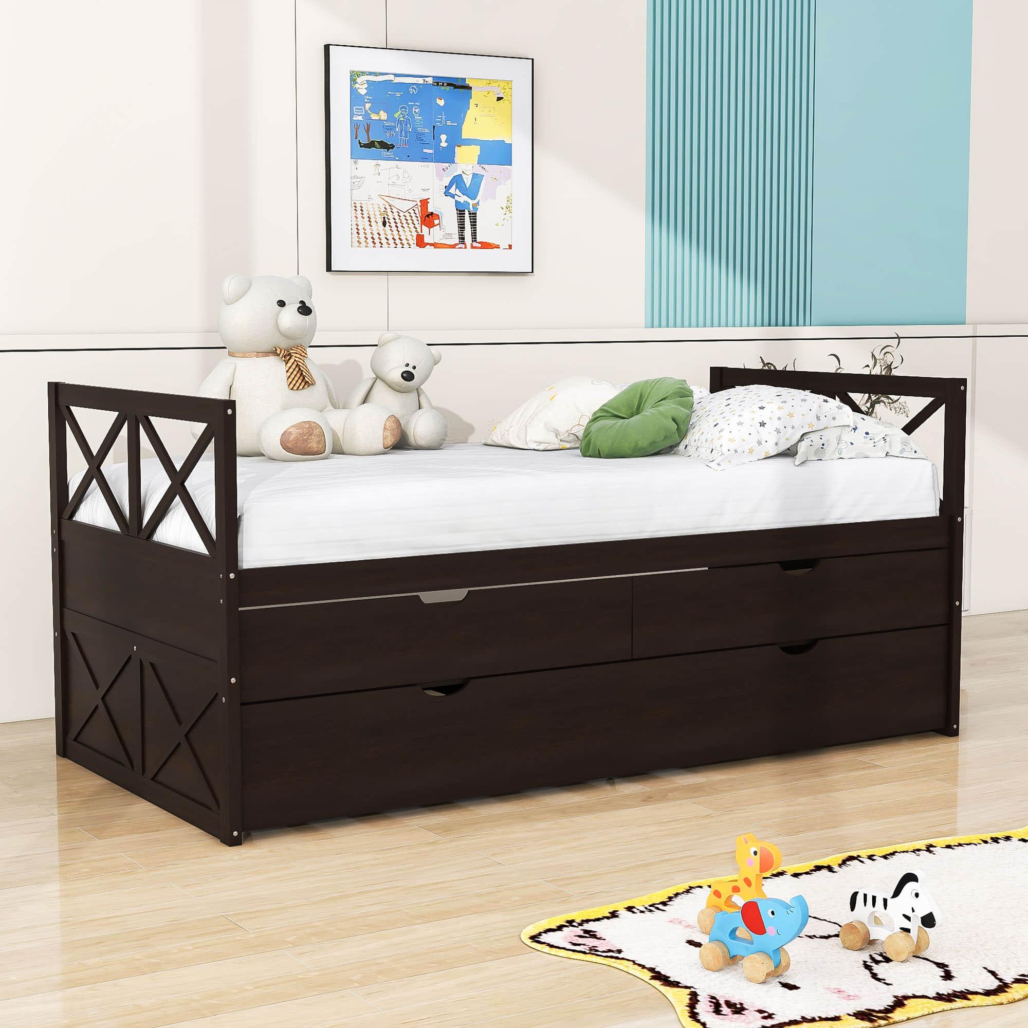 Twin Daybed with Trundle and Storage Drawers for Kids Adults - [Wood, Backless]