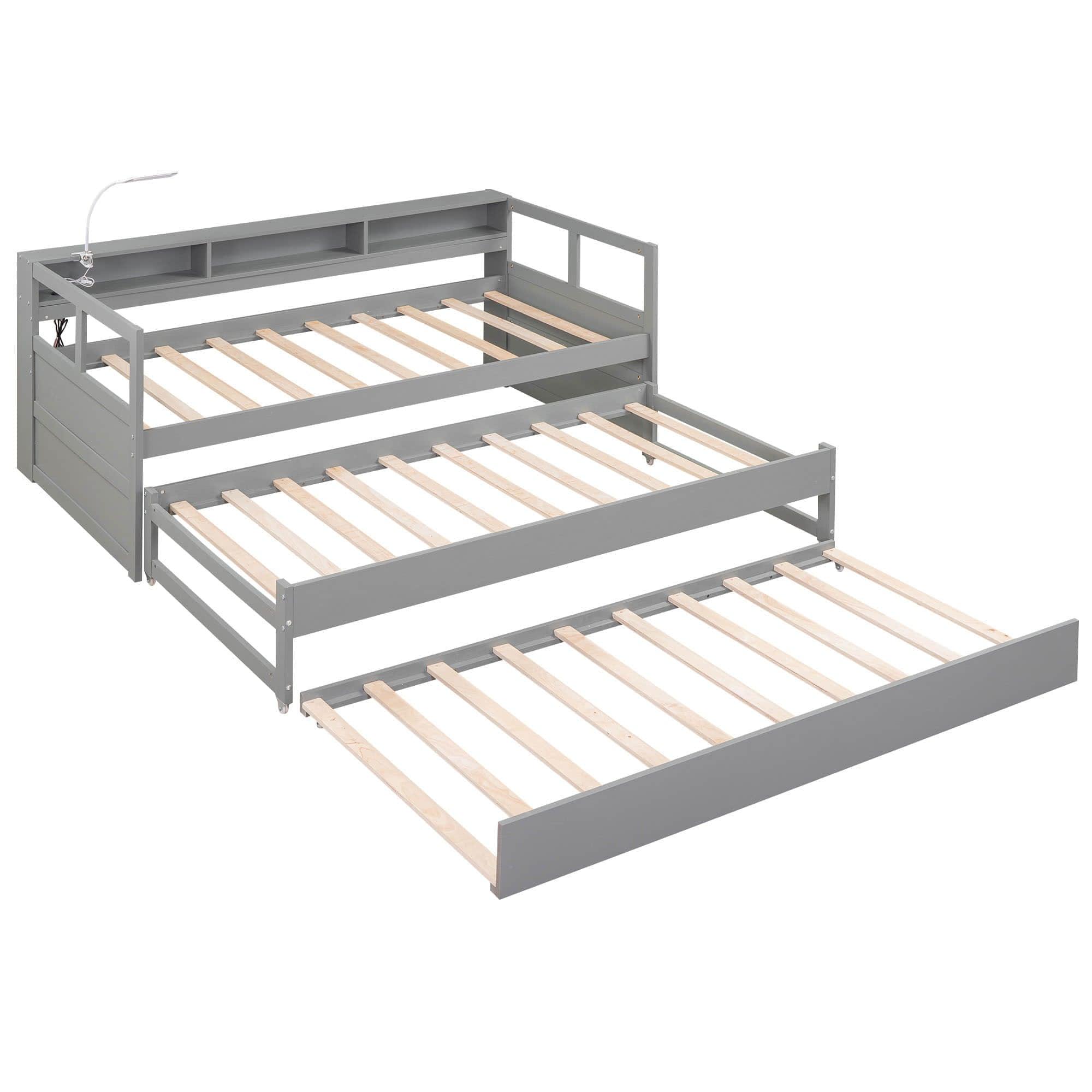 Wooden Twin XL Daybed with Twin Trundle and Storage - [Shelves, Light, USB Ports]