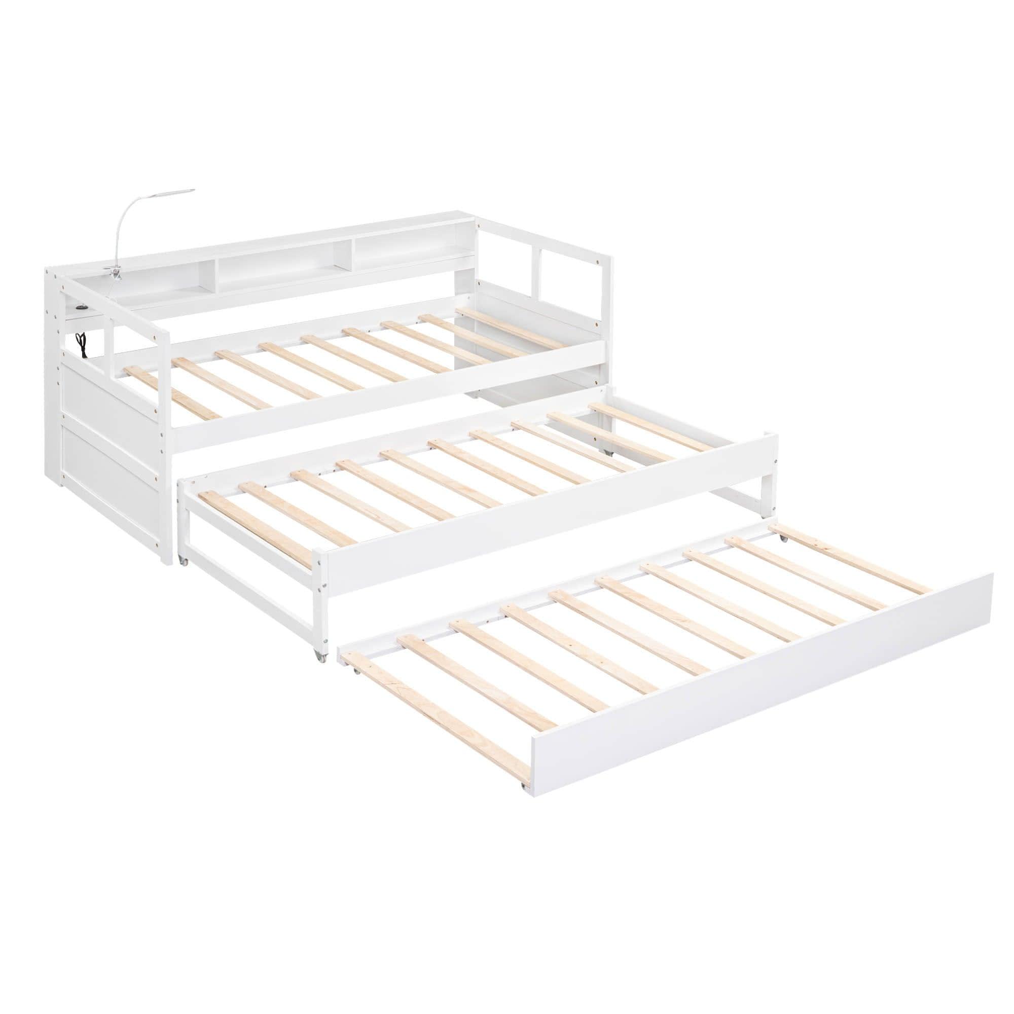 Wooden Twin XL Daybed with Twin Trundle and Storage - [Shelves, Light, USB Ports]