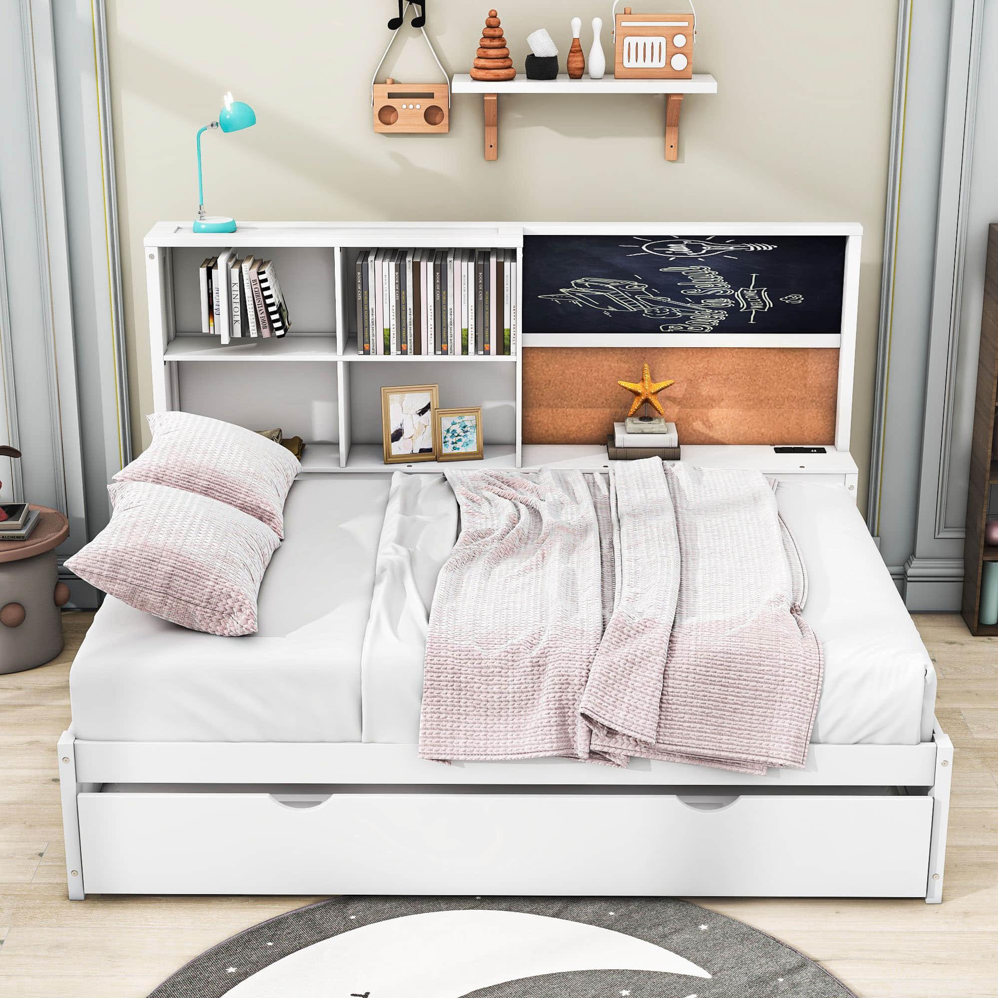 Wooden Smart Full Size Daybed with Trundle and Storage - [Shelves, Chalkboard, USB Ports]