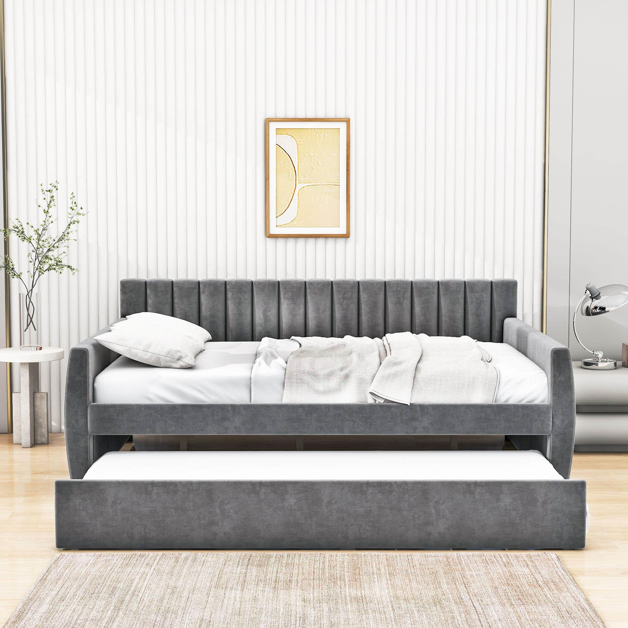 Velvet Upholstered Full Size Daybed with Trundle