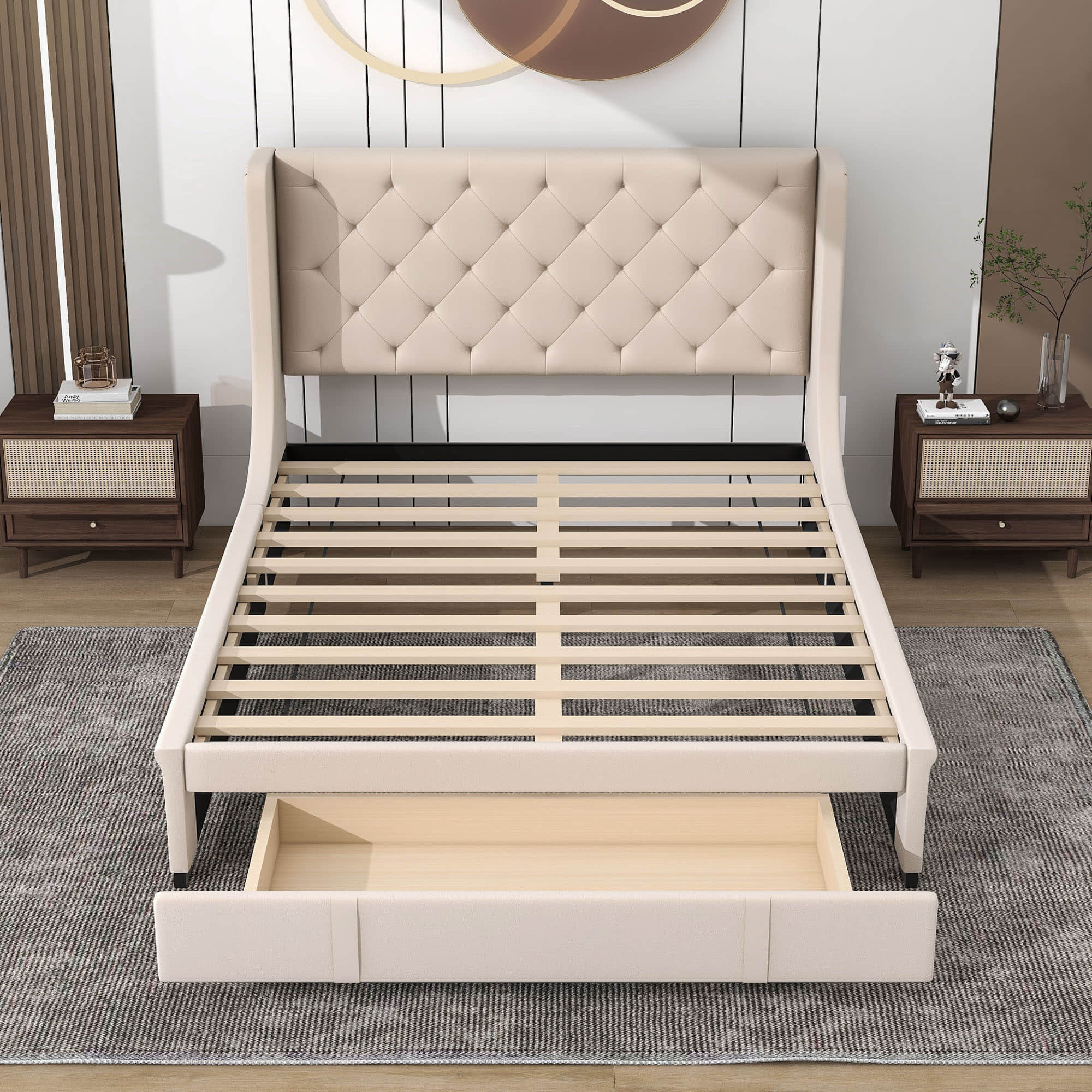 Queen Upholstered Bed Frame with Wingback Headboard and Storage