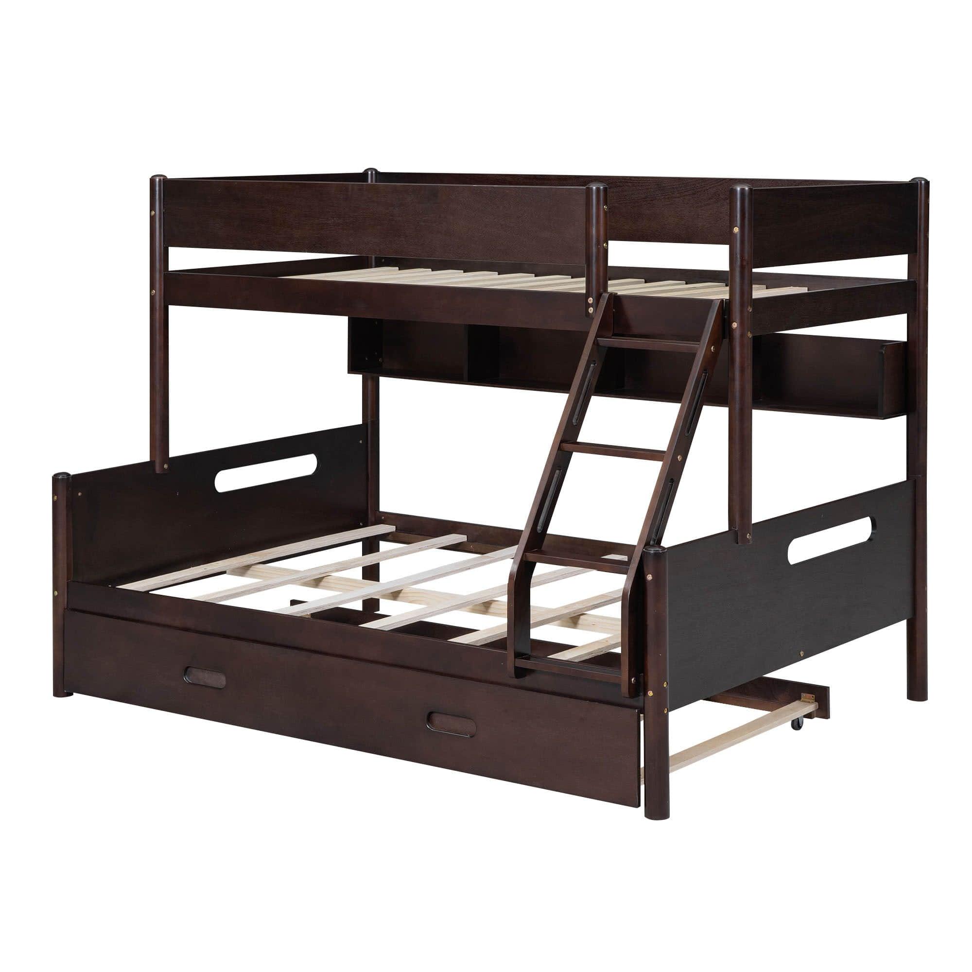 Wooden Twin Over Full Bunk Beds with Trundle and Storage Bookshelves