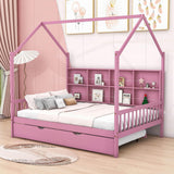 Wooden Kids House Full Size Bed with Trundle, Storage and Headboard - [Shelves]