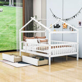 Full Size Wood House Toddler Bed Frame with Rails and Storage