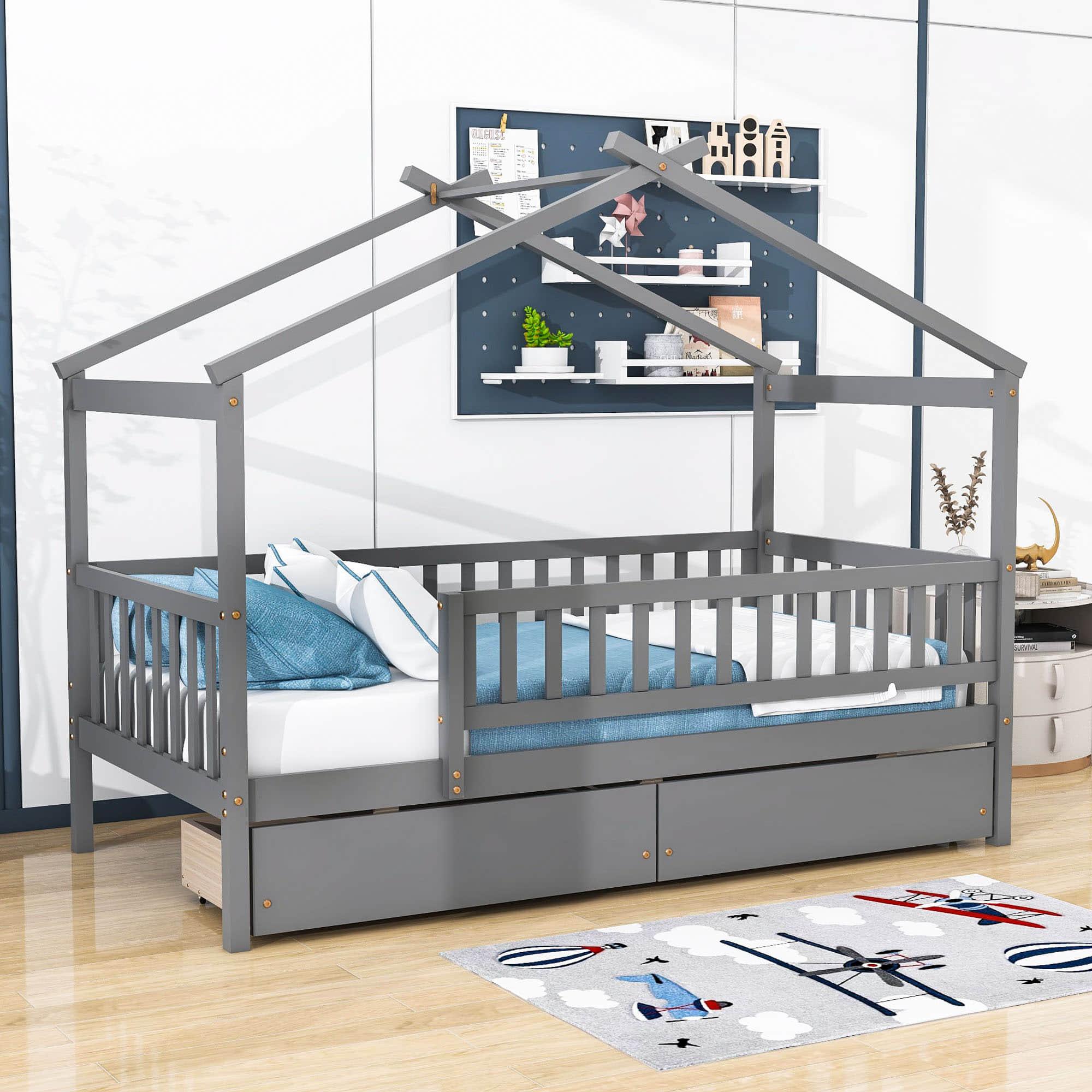 Twin Size Wood House Toddler Bed Frame with Rails and Storage