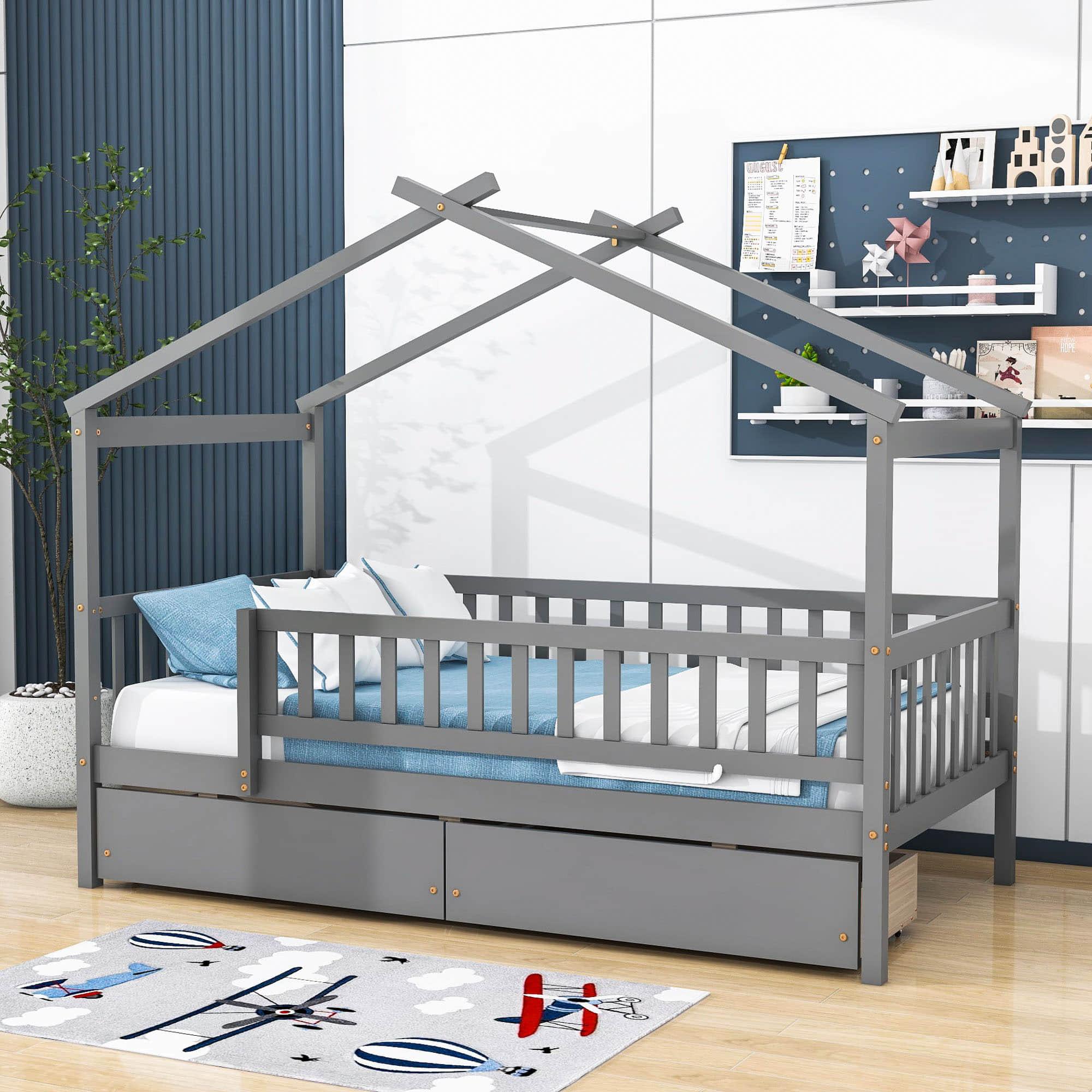 Twin Size Wood House Toddler Bed Frame with Rails and Storage