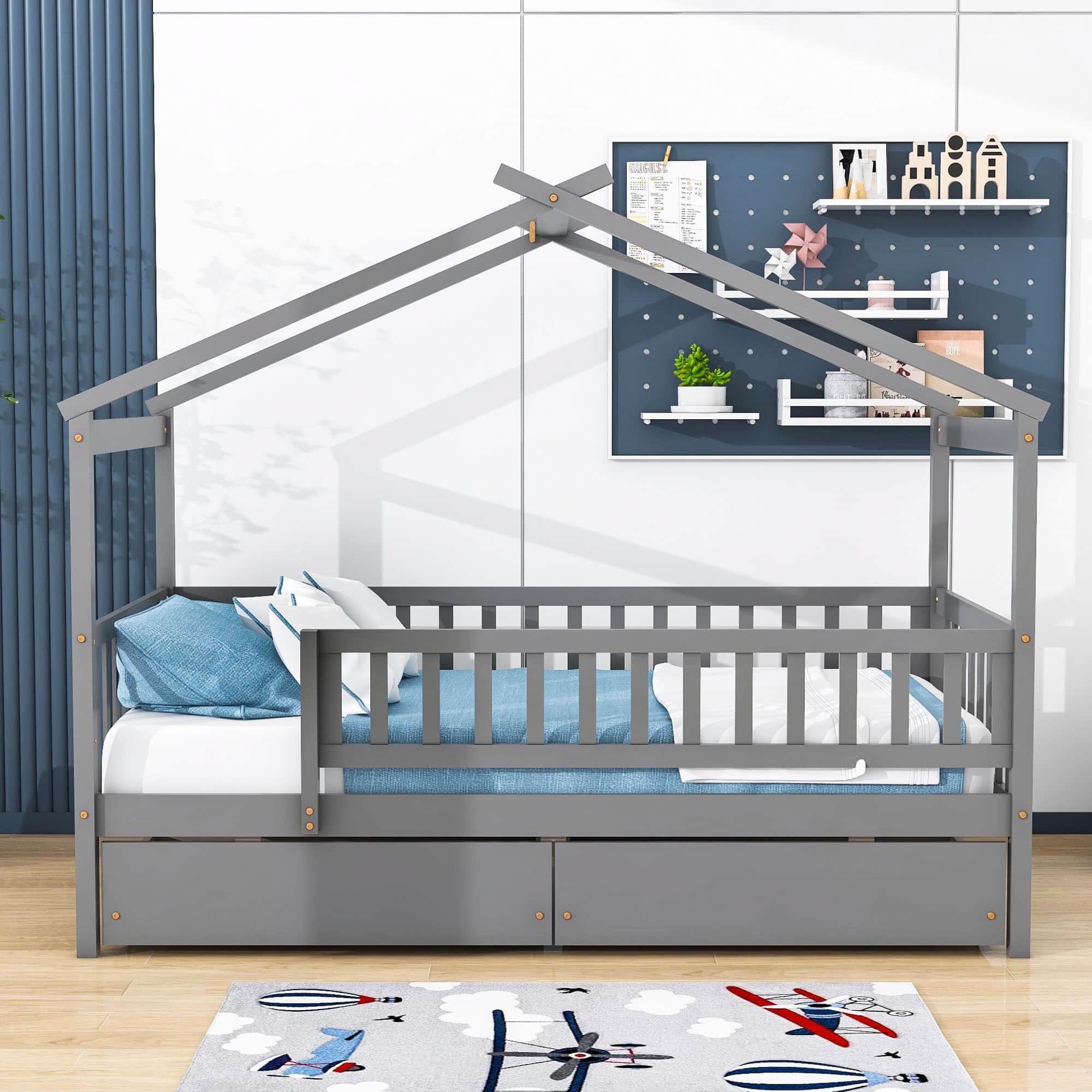 Twin Size Wood House Toddler Bed Frame with Rails and Storage