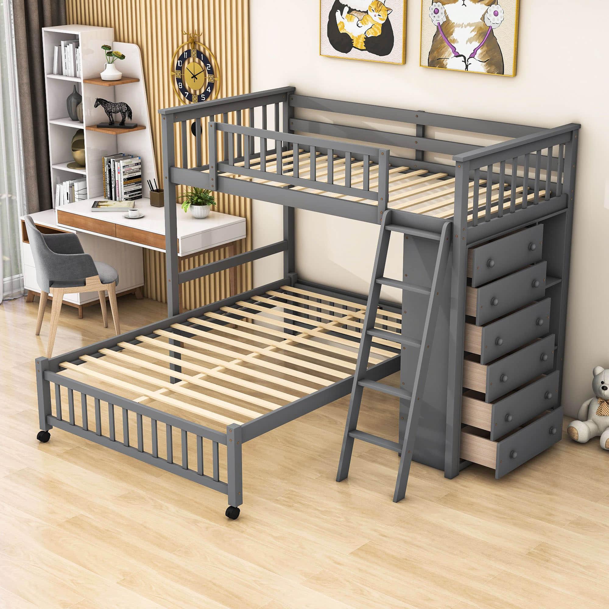 Wooden L-Shaped Twin Over Full Adult Bunk Beds with Storage - [Drawers]