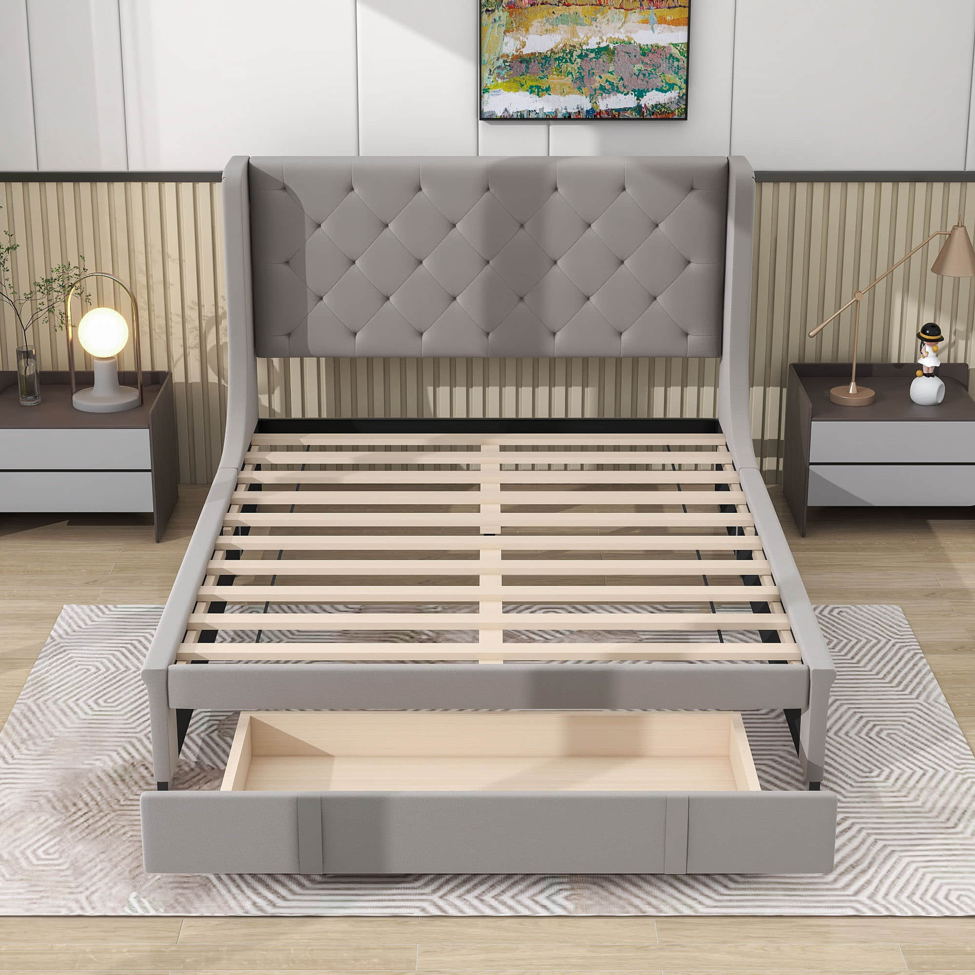 Queen Upholstered Bed Frame with Wingback Headboard and Storage