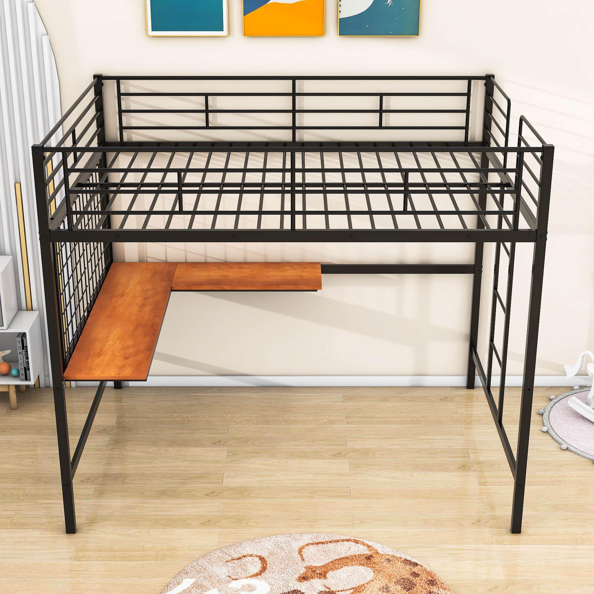 Metal Full Size Loft Bed with Desk and Grid for Kids, Adults, Teens