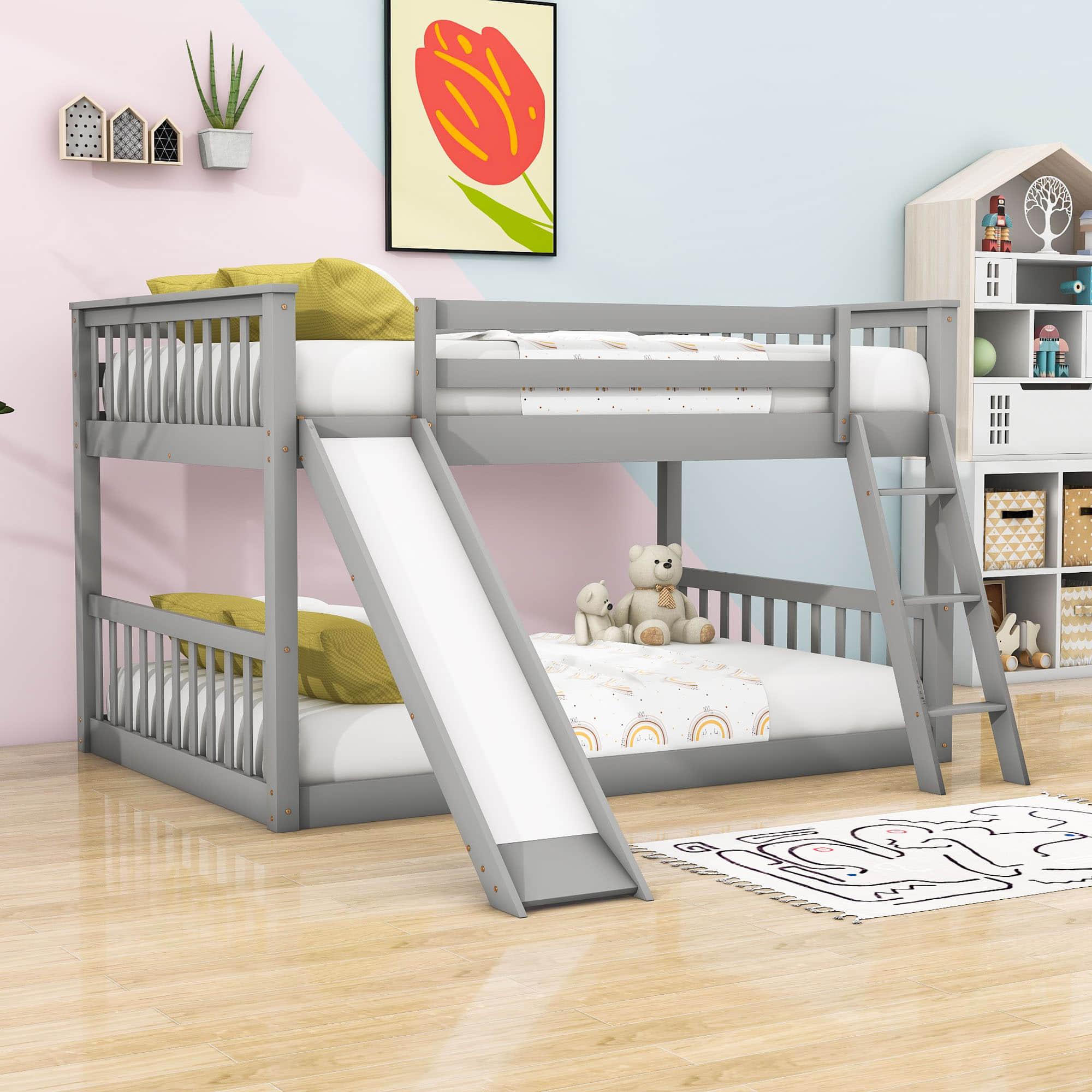 Wood Full over Full Low Bunk Bed with Slide and Ladder - [Convertible, Classic]