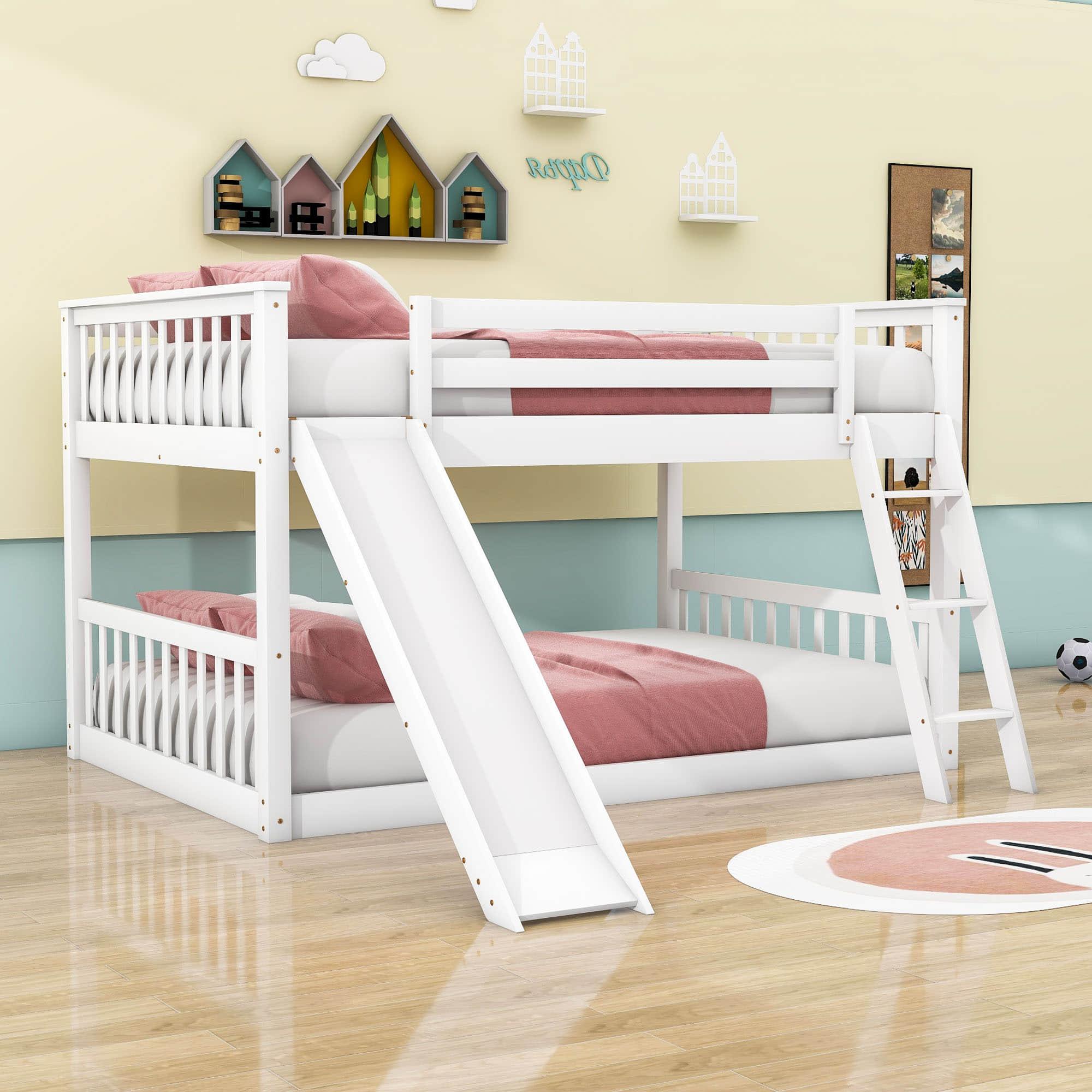 Wood Full over Full Low Bunk Bed with Slide and Ladder - [Convertible, Classic]