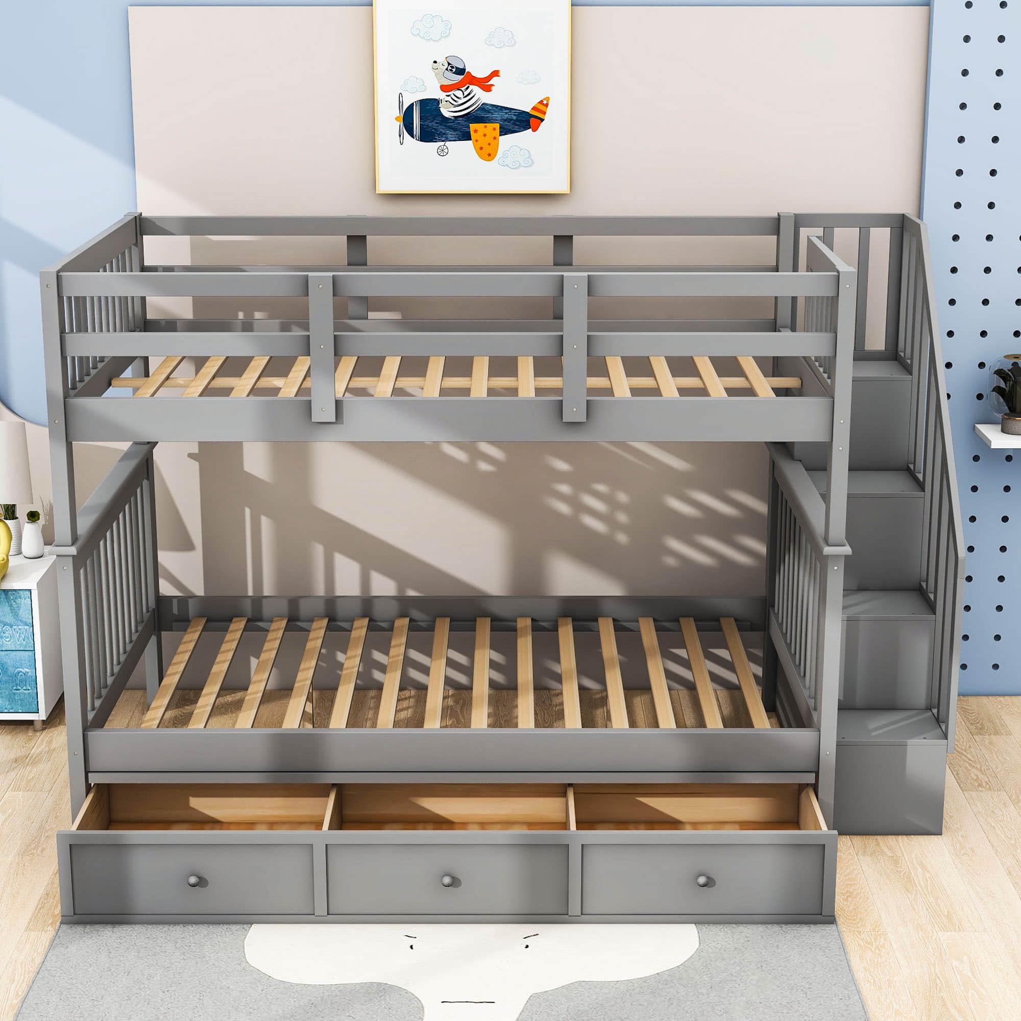 Wood Full Over Full Bunk Bed with Storage and Stairs - [Drawers, Shelves, Class]