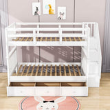 Wood Full Over Full Bunk Bed with Storage and Stairs - [Drawers, Shelves, Class]