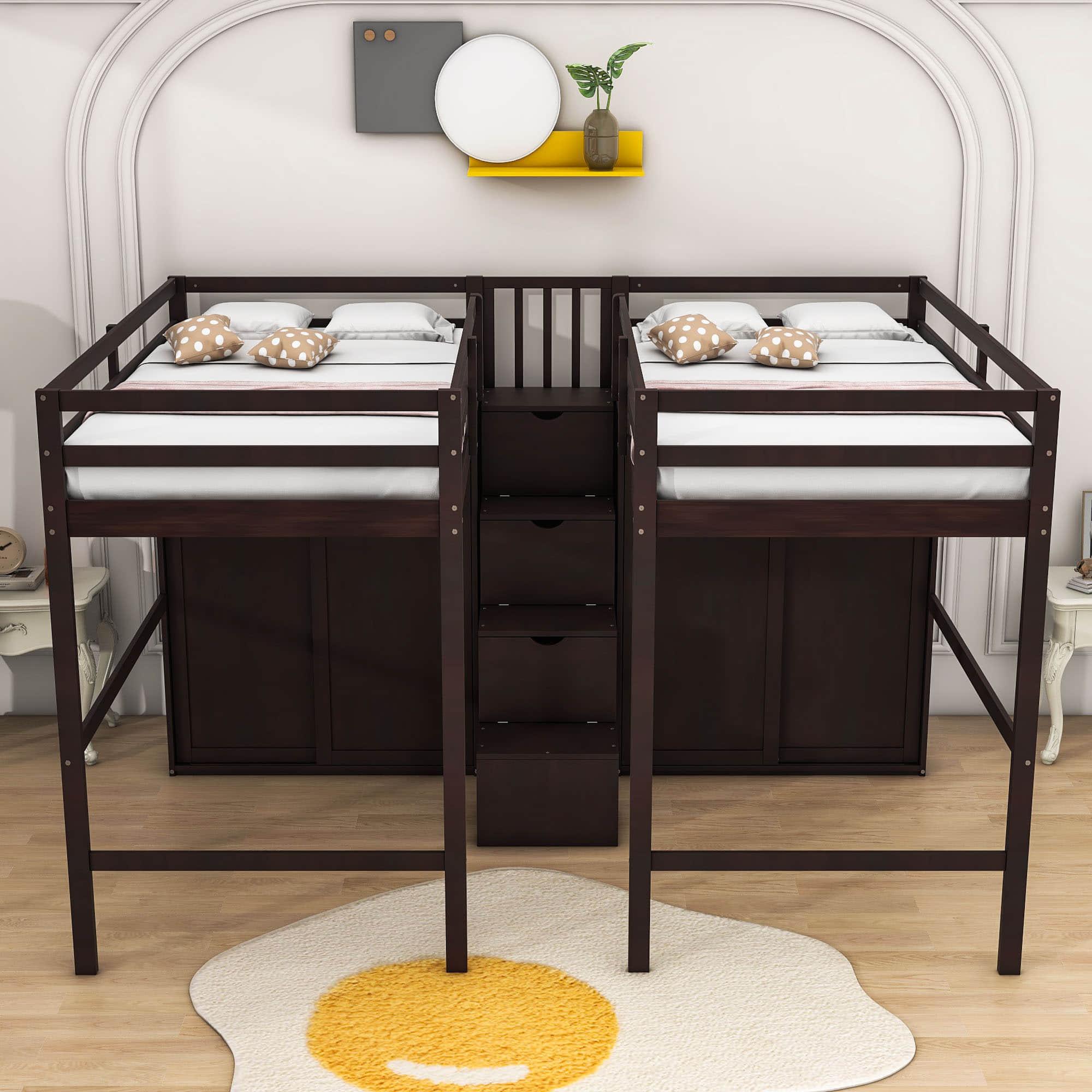 Double Twin Loft Beds with Stairs and Storage for Kids, Adults - [Wardrobe]