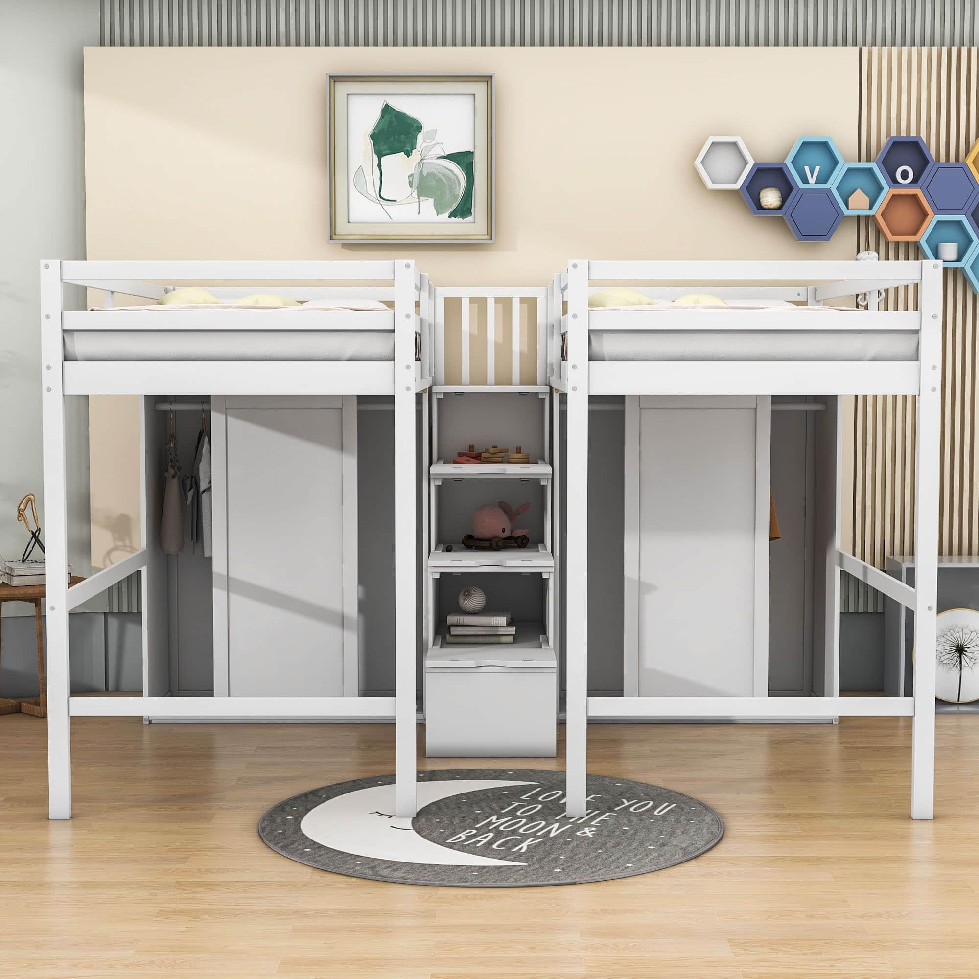 Double Twin Loft Beds with Stairs and Storage for Kids, Adults - [Wardrobe]