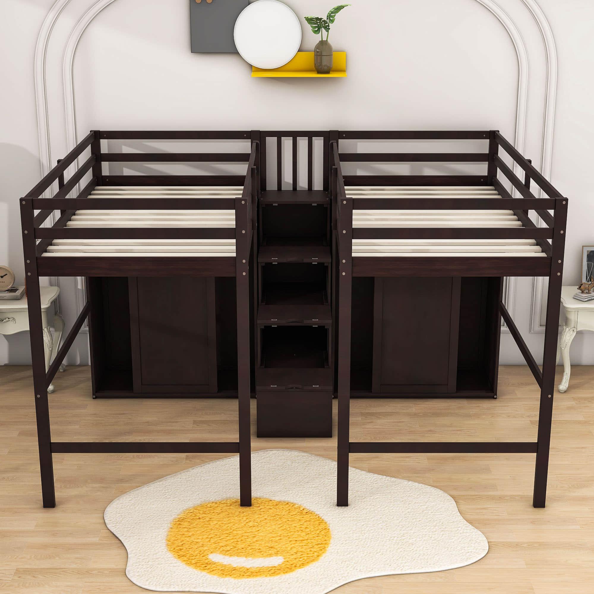 Double Twin Loft Beds with Stairs and Storage for Kids, Adults - [Wardrobe]