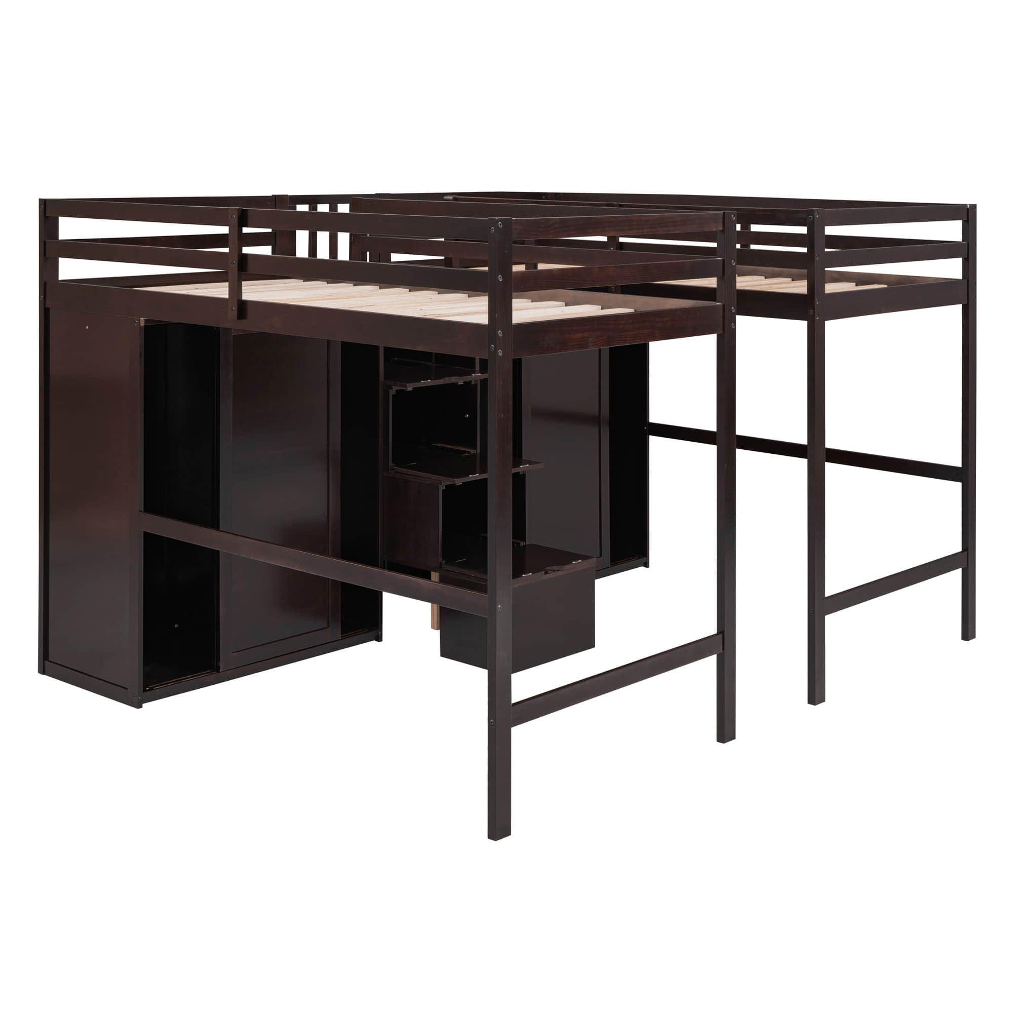 Double Twin Loft Beds with Stairs and Storage for Kids, Adults - [Wardrobe]