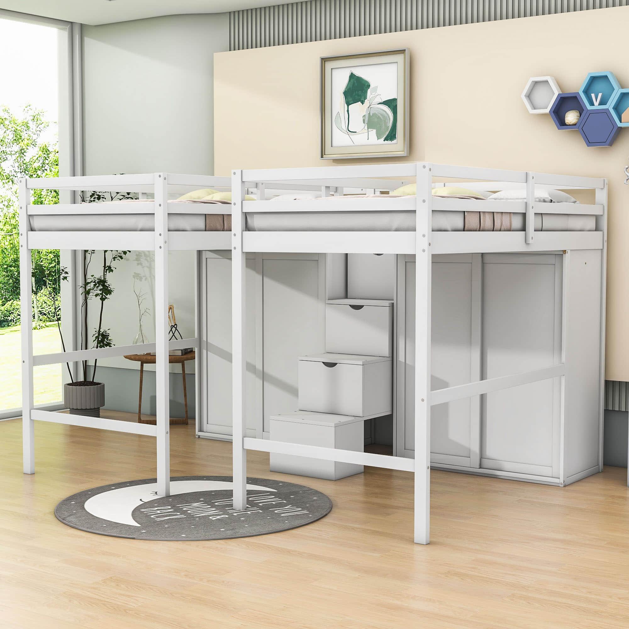 Double Twin Loft Beds with Stairs and Storage for Kids, Adults - [Wardrobe]