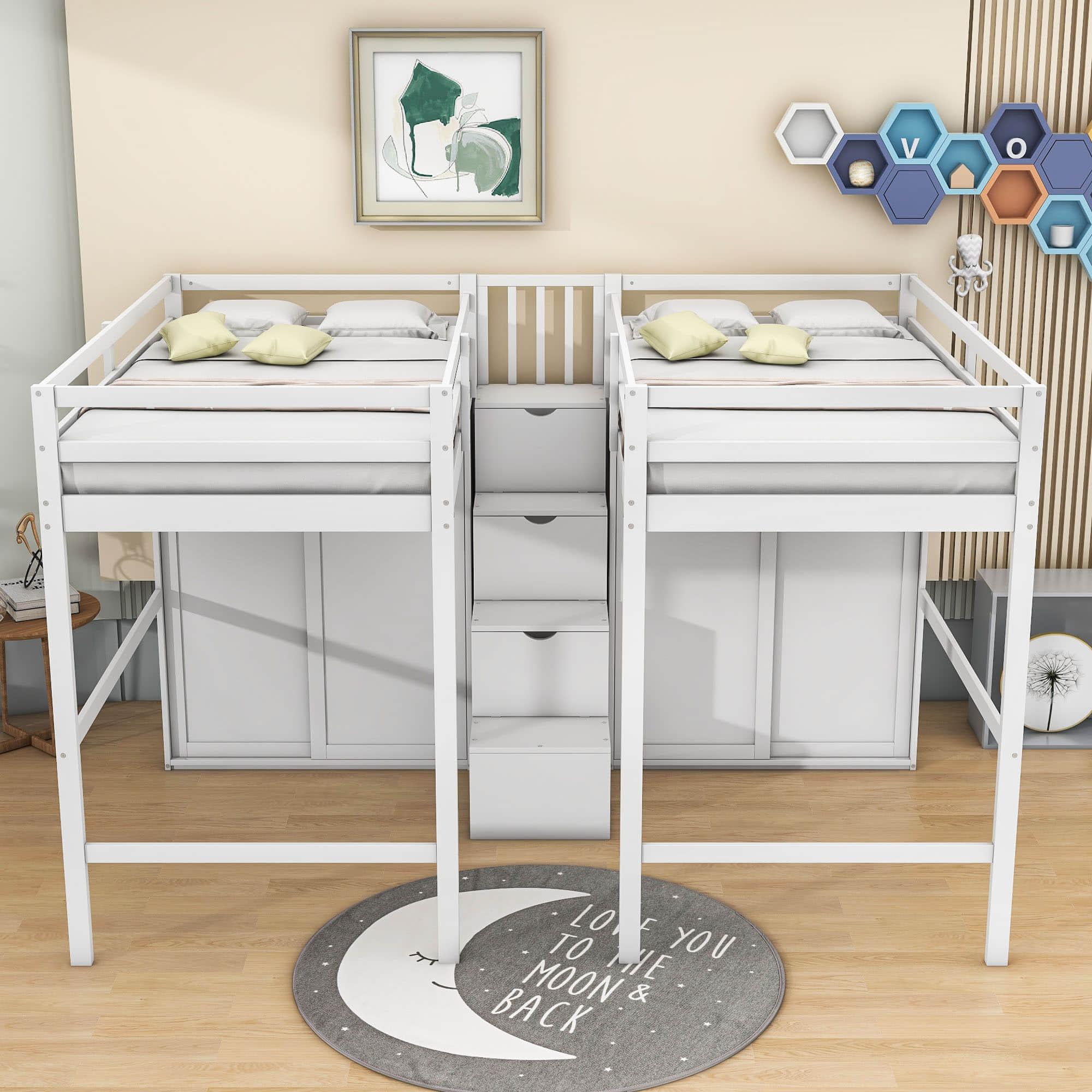 Double Twin Loft Beds with Stairs and Storage for Kids, Adults - [Wardrobe]