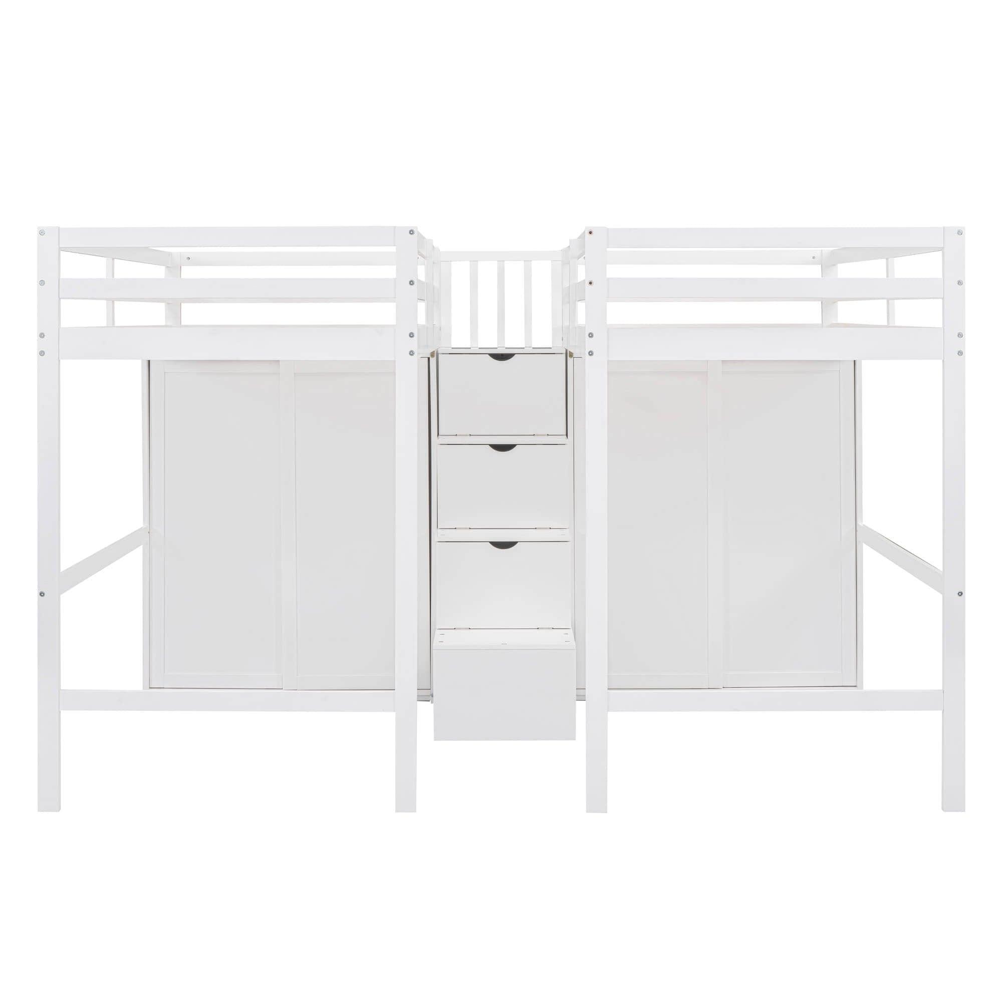 Double Twin Loft Beds with Stairs and Storage for Kids, Adults - [Wardrobe]