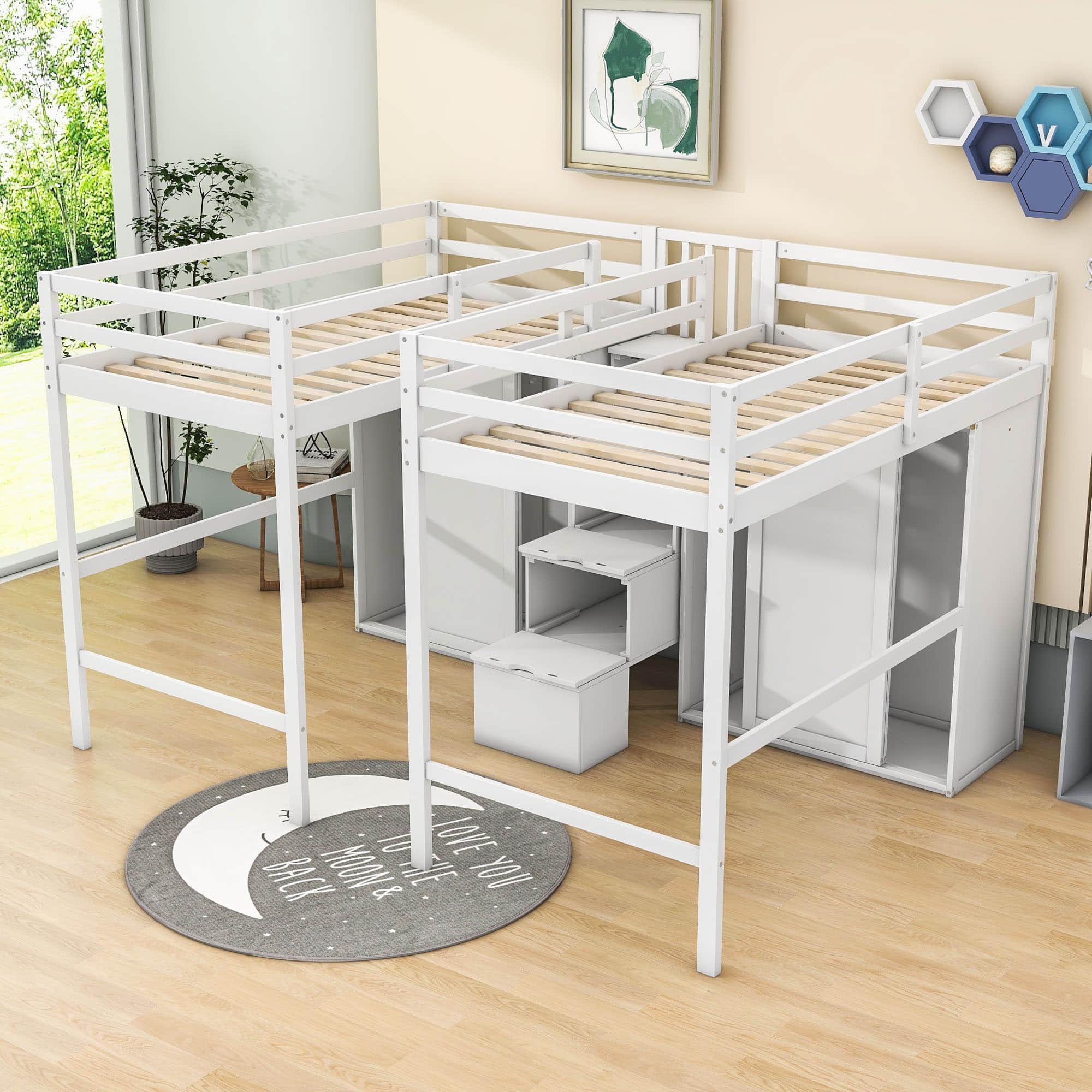 Double Twin Loft Beds with Stairs and Storage for Kids, Adults - [Wardrobe]