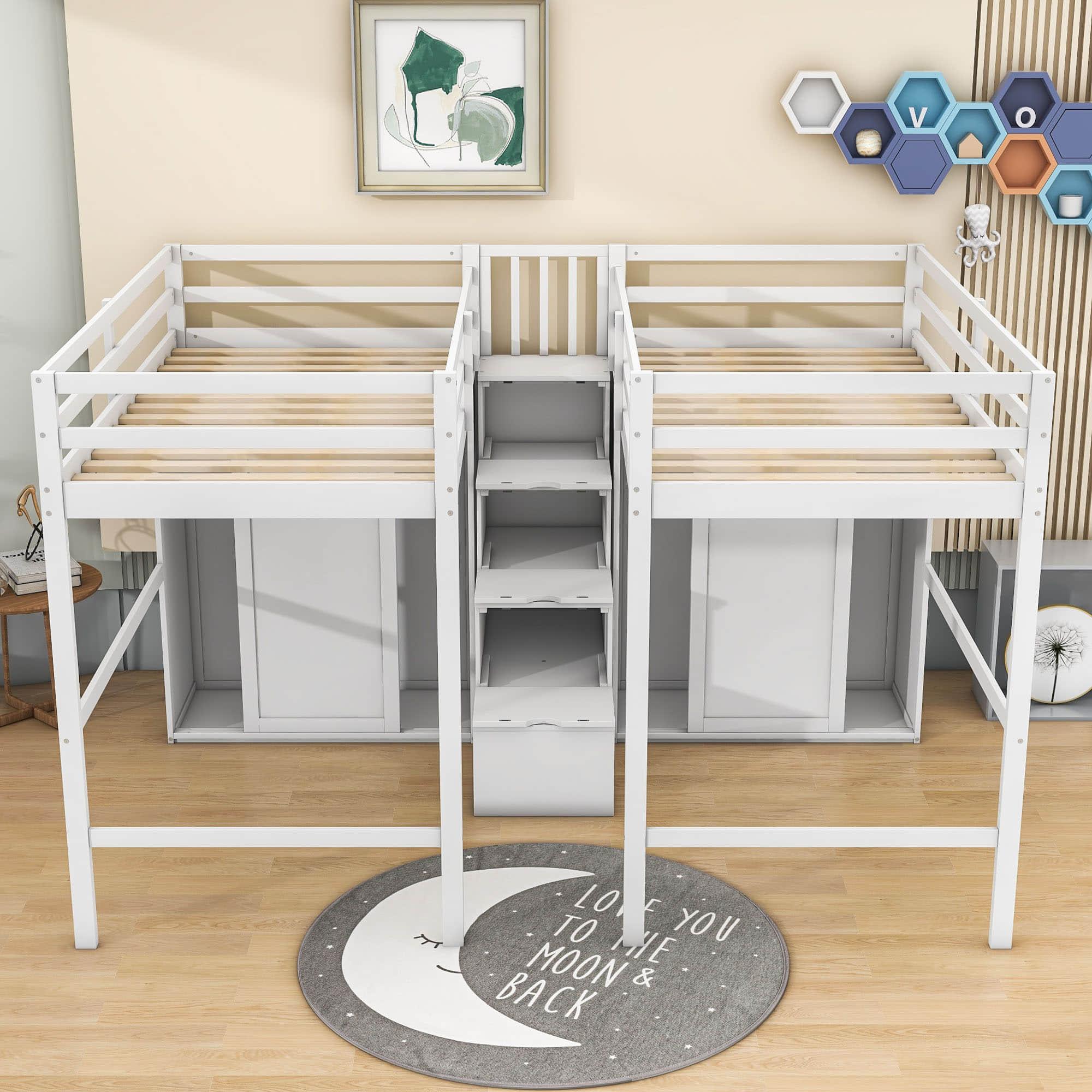 Double Twin Loft Beds with Stairs and Storage for Kids, Adults - [Wardrobe]