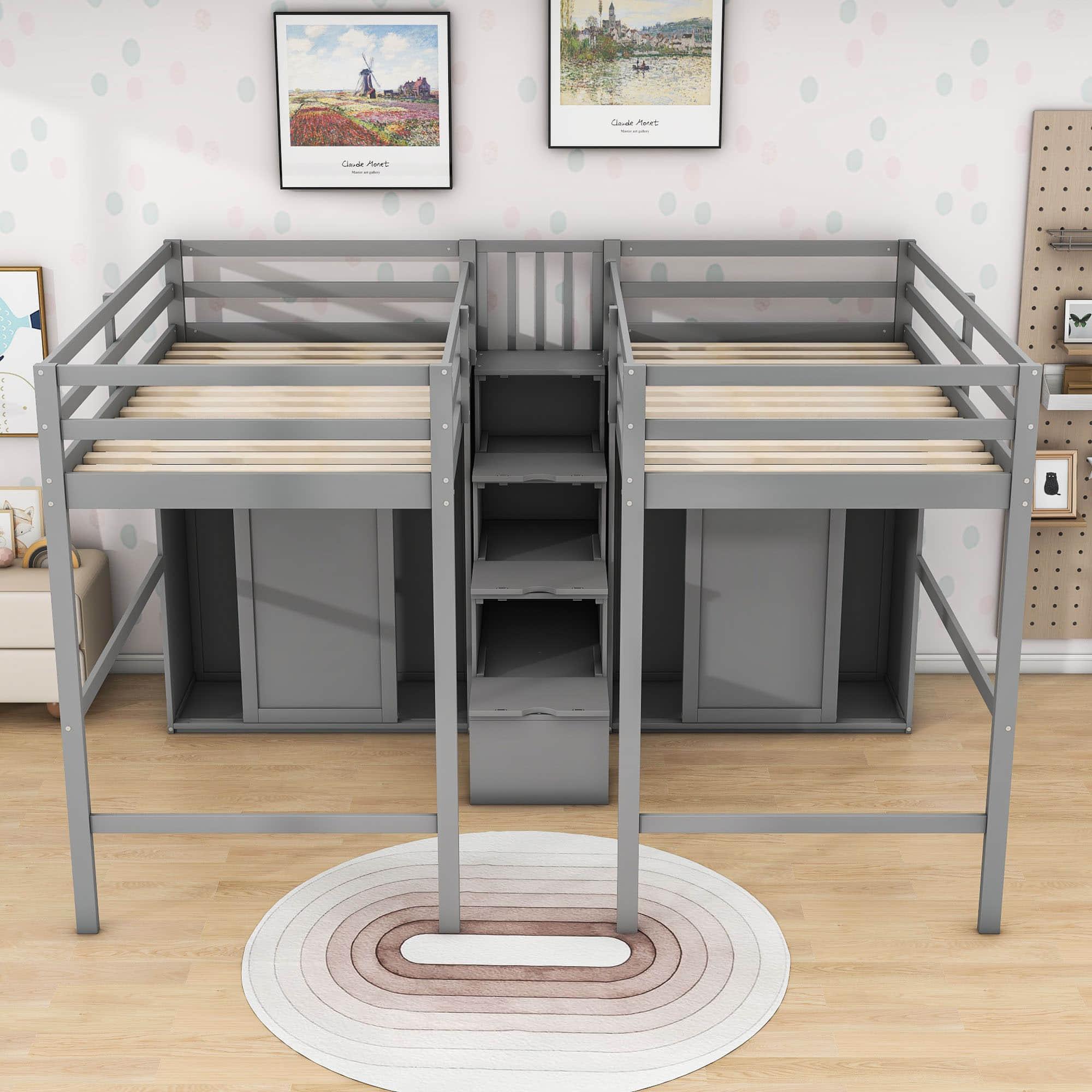 Double Twin Loft Beds with Stairs and Storage for Kids, Adults - [Wardrobe]