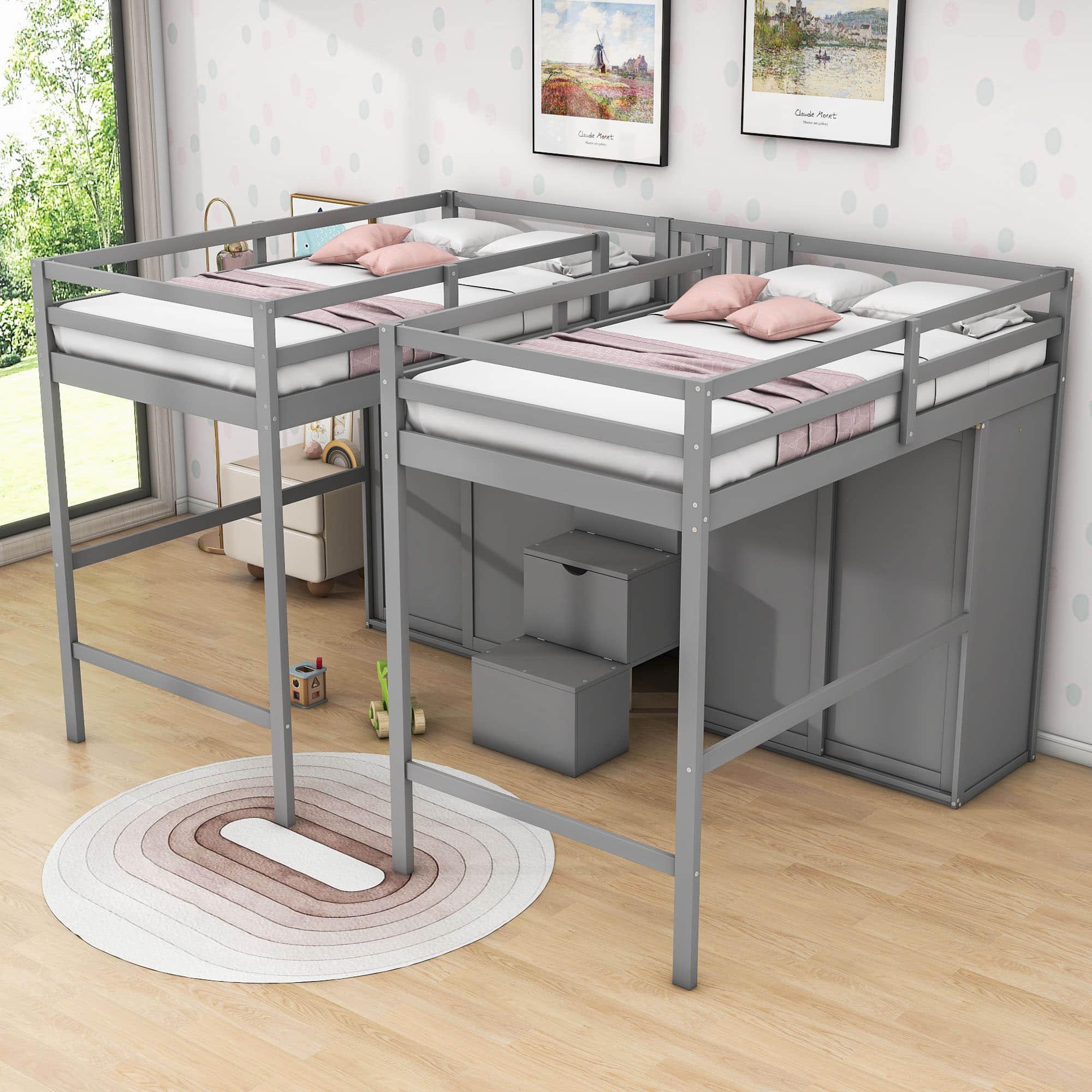 Double Twin Loft Beds with Stairs and Storage for Kids, Adults - [Wardrobe]