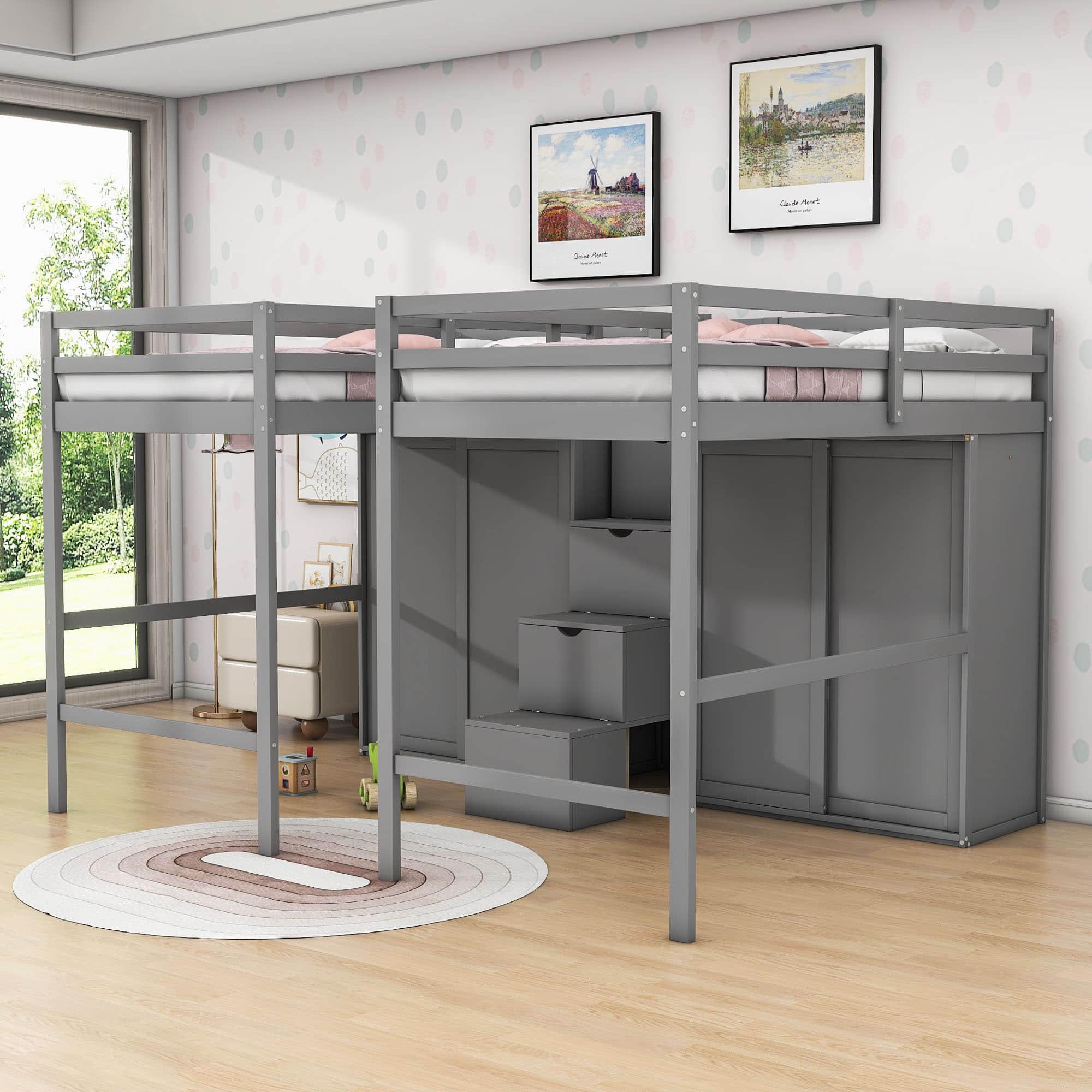 Double Twin Loft Beds with Stairs and Storage for Kids, Adults - [Wardrobe]