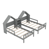 Double Twin Size Kids Platform Bed Frame with House-Shaped Headboard