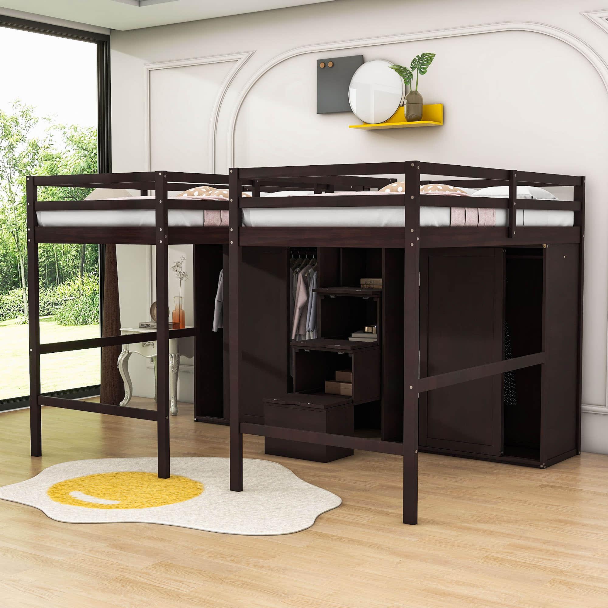 Double Twin Loft Beds with Stairs and Storage for Kids, Adults - [Wardrobe]