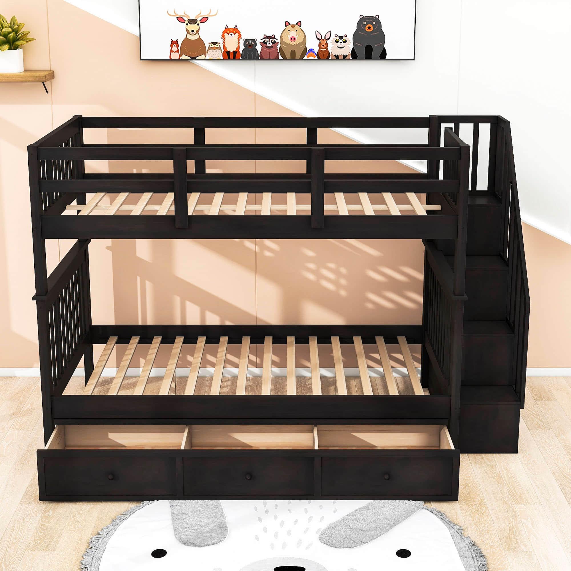 Wood Full Over Full Bunk Bed with Storage and Stairs - [Drawers, Shelves, Class]