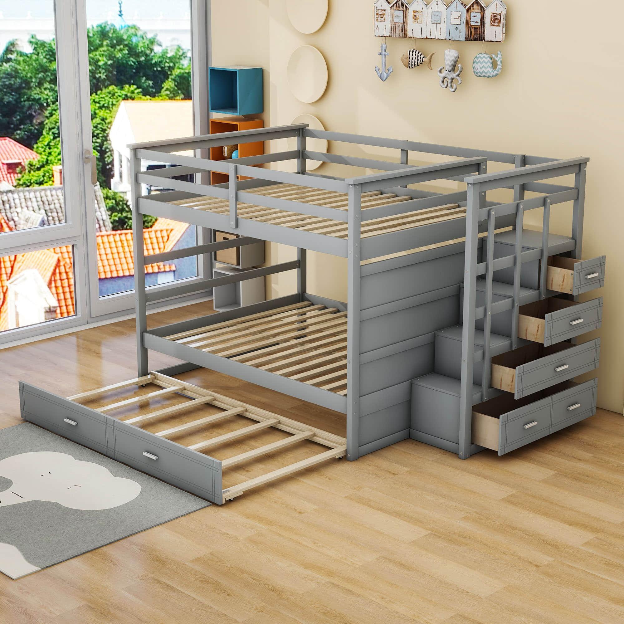 Full Size Bunk Beds with Stairs and Trundle, Storage for Kids, Adults