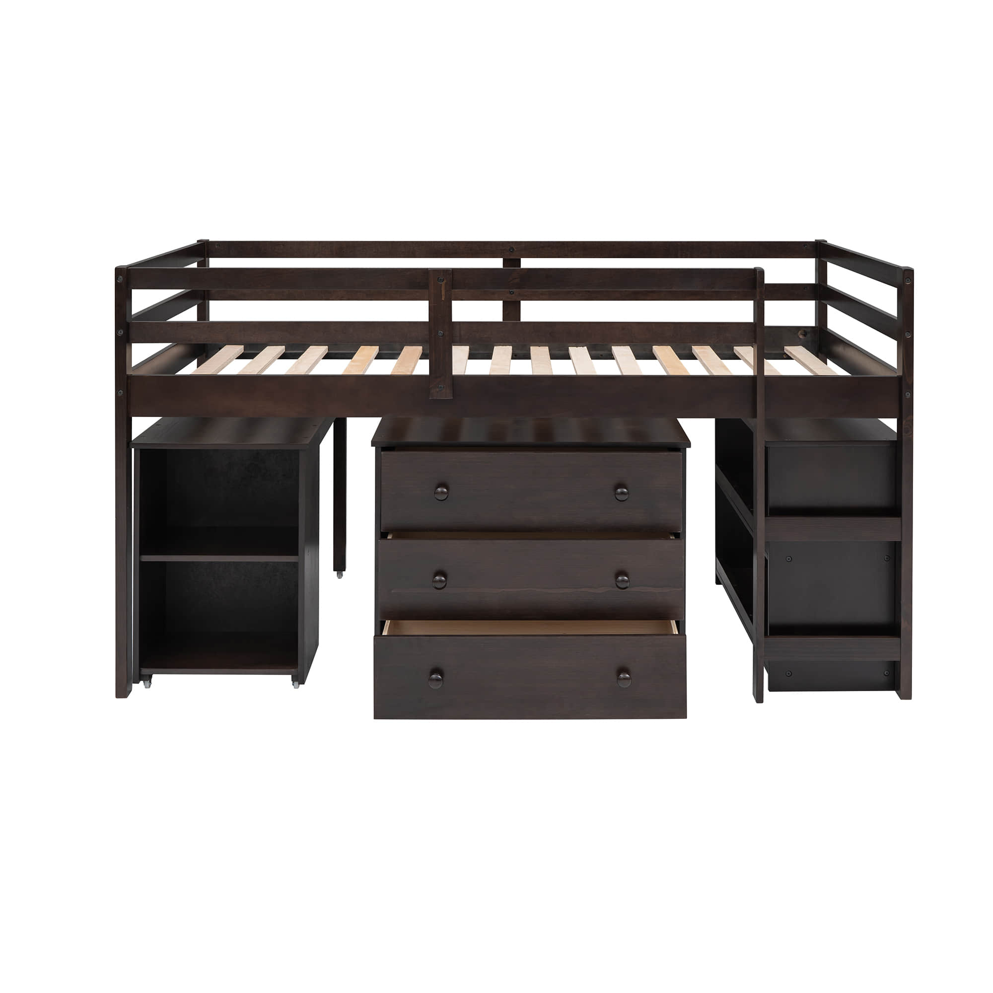 Montessori Twin Low Loft Bed with Desk and Storage for Kids - [Shelves, Dresser, Drawers, Ladder, Wood]