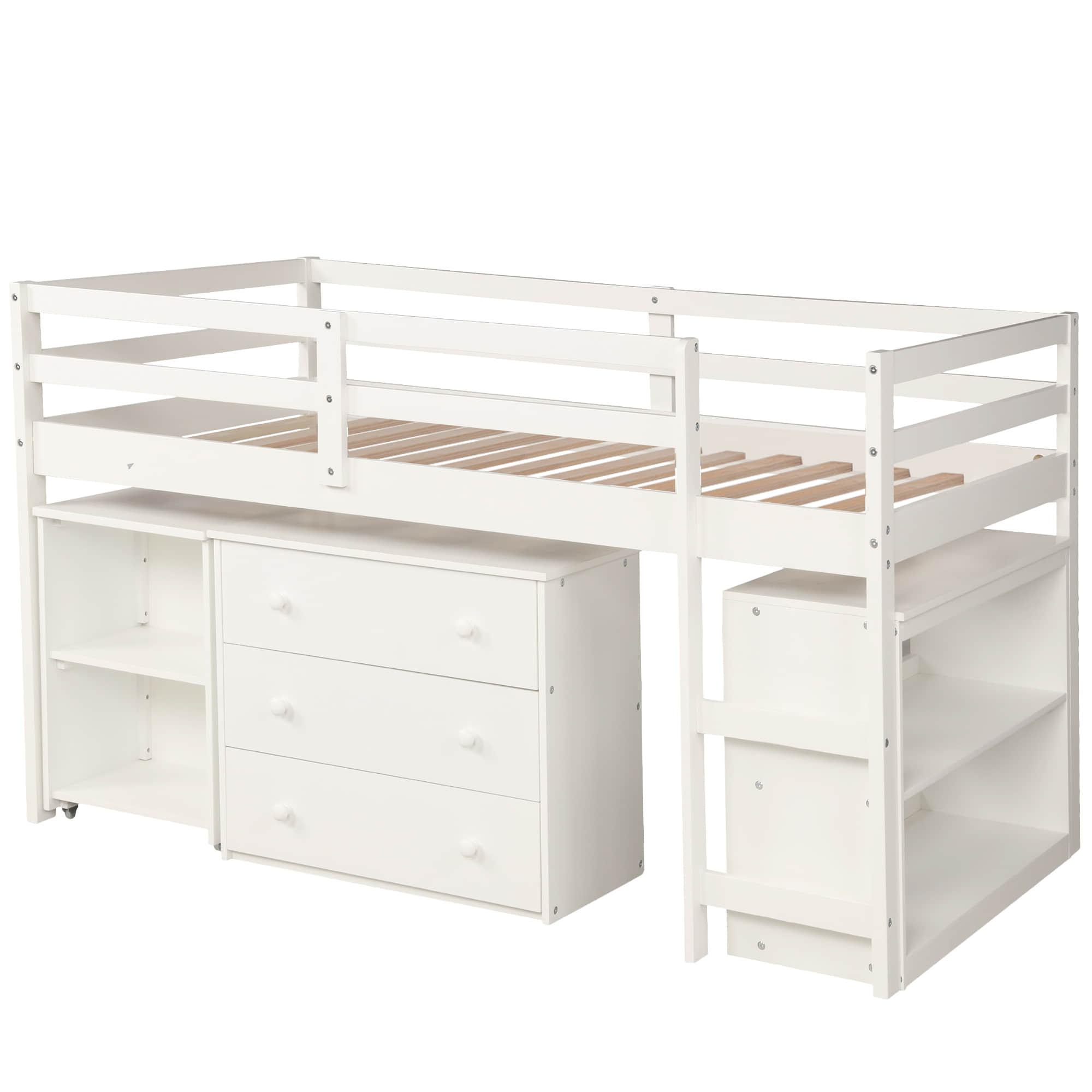 Montessori Twin Low Loft Bed with Desk and Storage for Kids - [Shelves, Dresser, Drawers, Ladder, Wood]