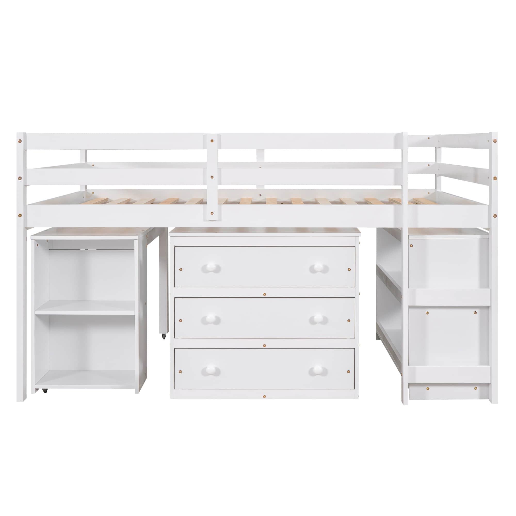 Montessori Full Low Loft Bed with Desk and Storage for Kids - [Shelves, Dresser, Drawers, Ladder, Wood]