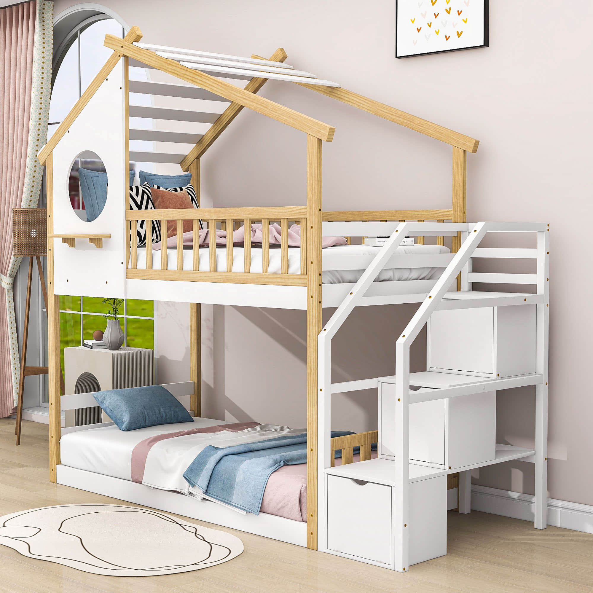 Low Twin Over Twin House Bunk Beds with Stairs and Storage for Kids, Toddler - [Floor]