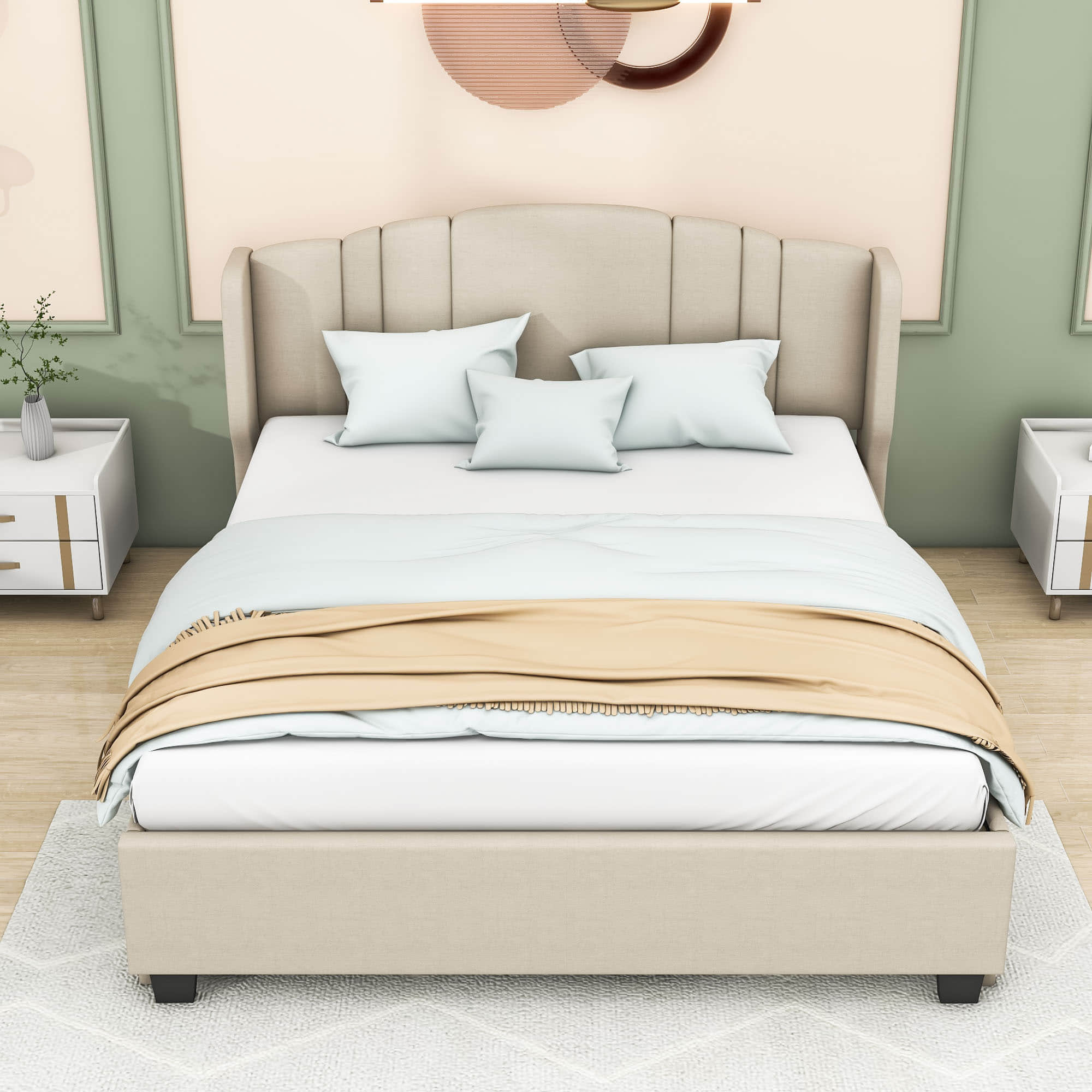 Modern Upholstered Queen Platform Bed Frame with Headboard and Storage