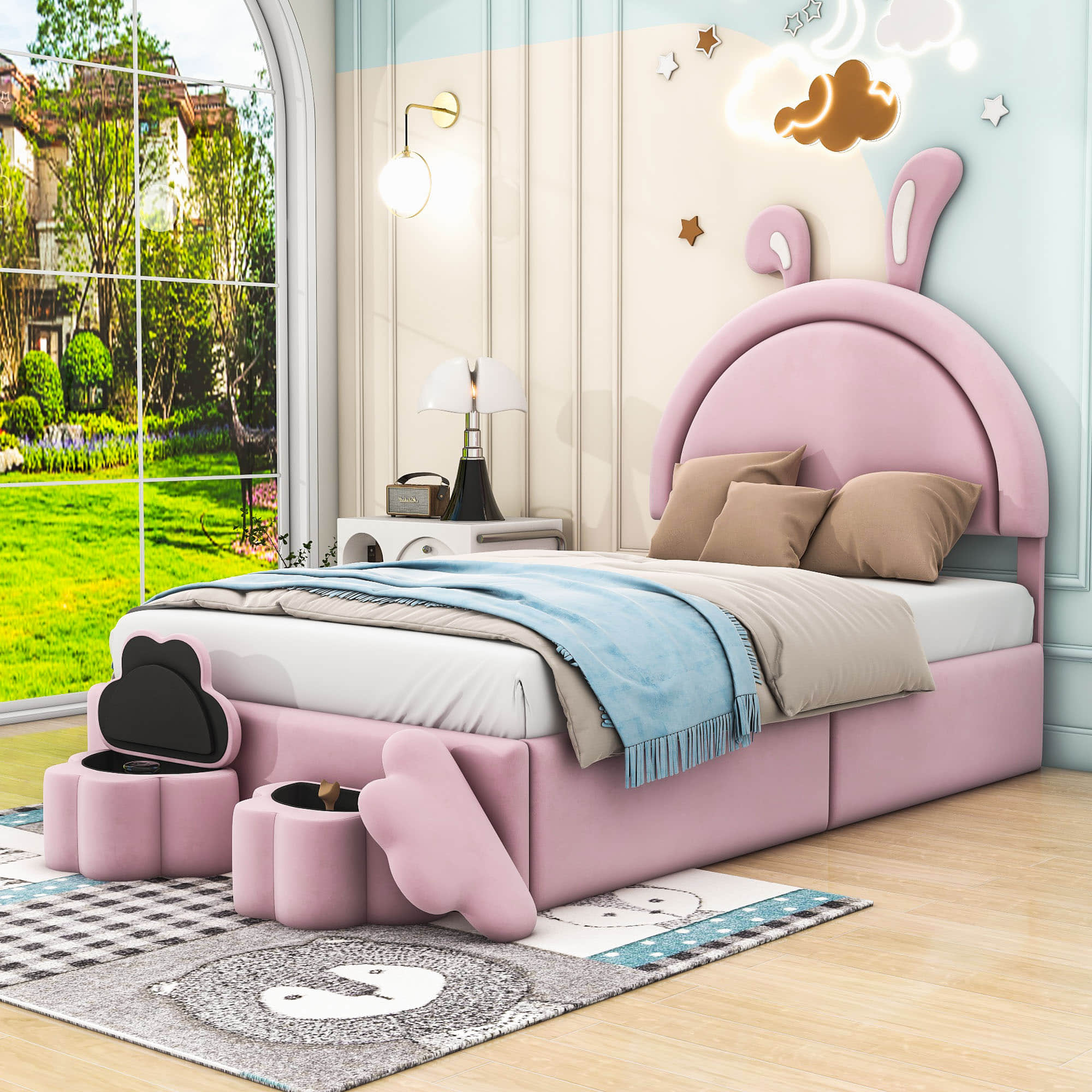 Twin Size Velvet Upholstered Princess Platform Bed Frame with Headboard