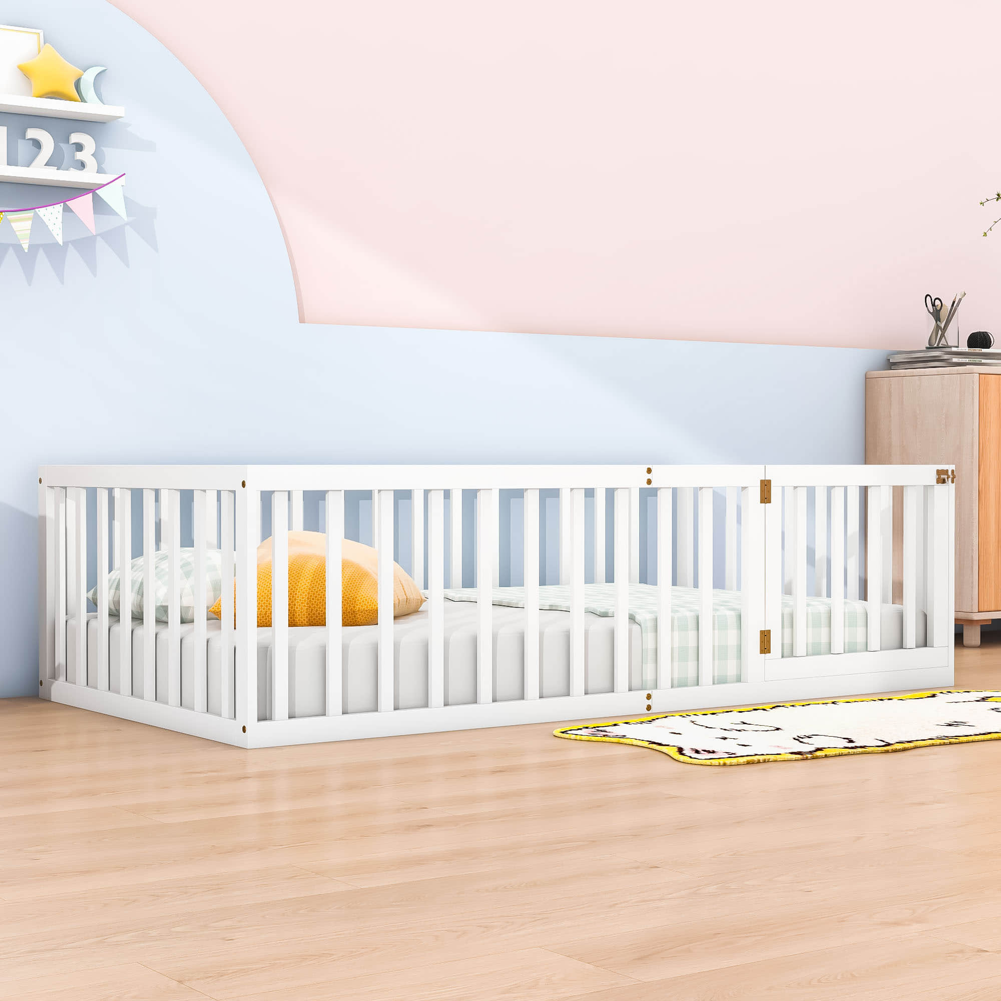 Wood Twin Size Montessori Toddler Floor Bed Frame with Rails and Door