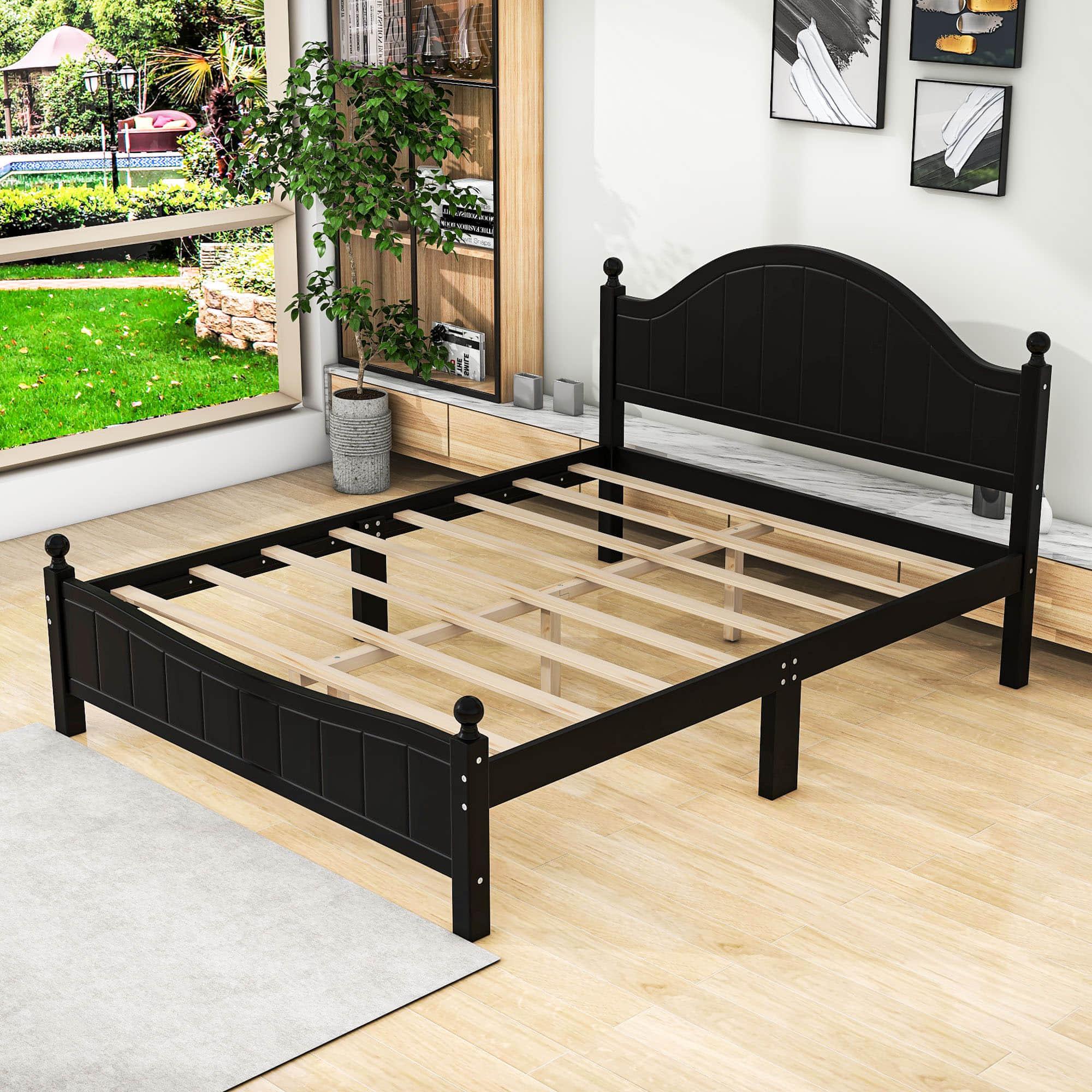 Traditional Queen Size Solid Wood Platform Bed Frame with Headboard