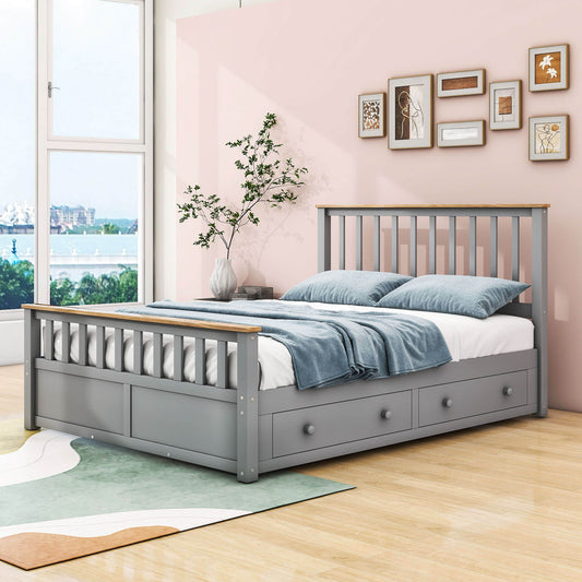 Wooden Queen Size Platform Bed Frame with Storage and Slat Headboard