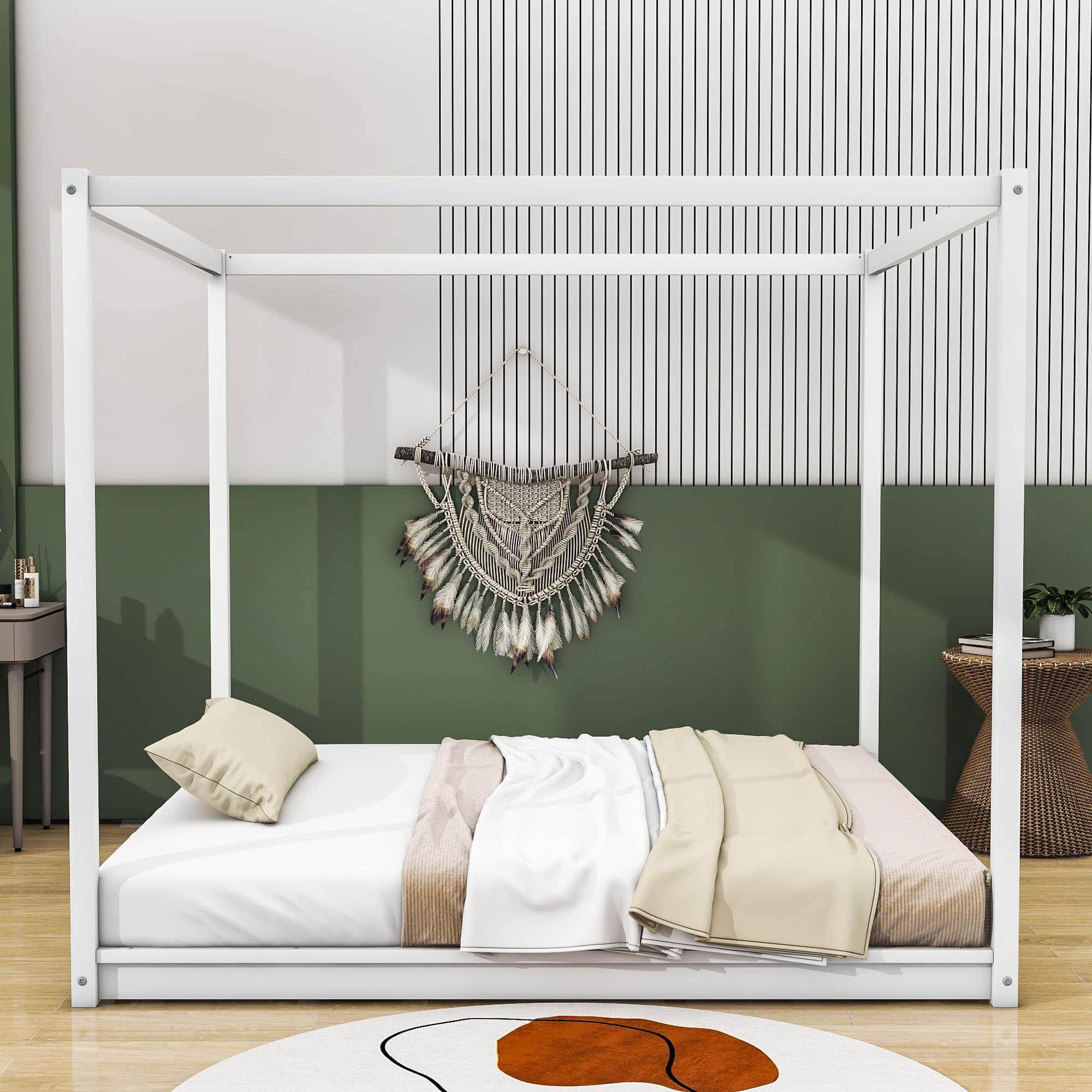 Modern Wood King Size Canopy Floor Bed Frame for Adults