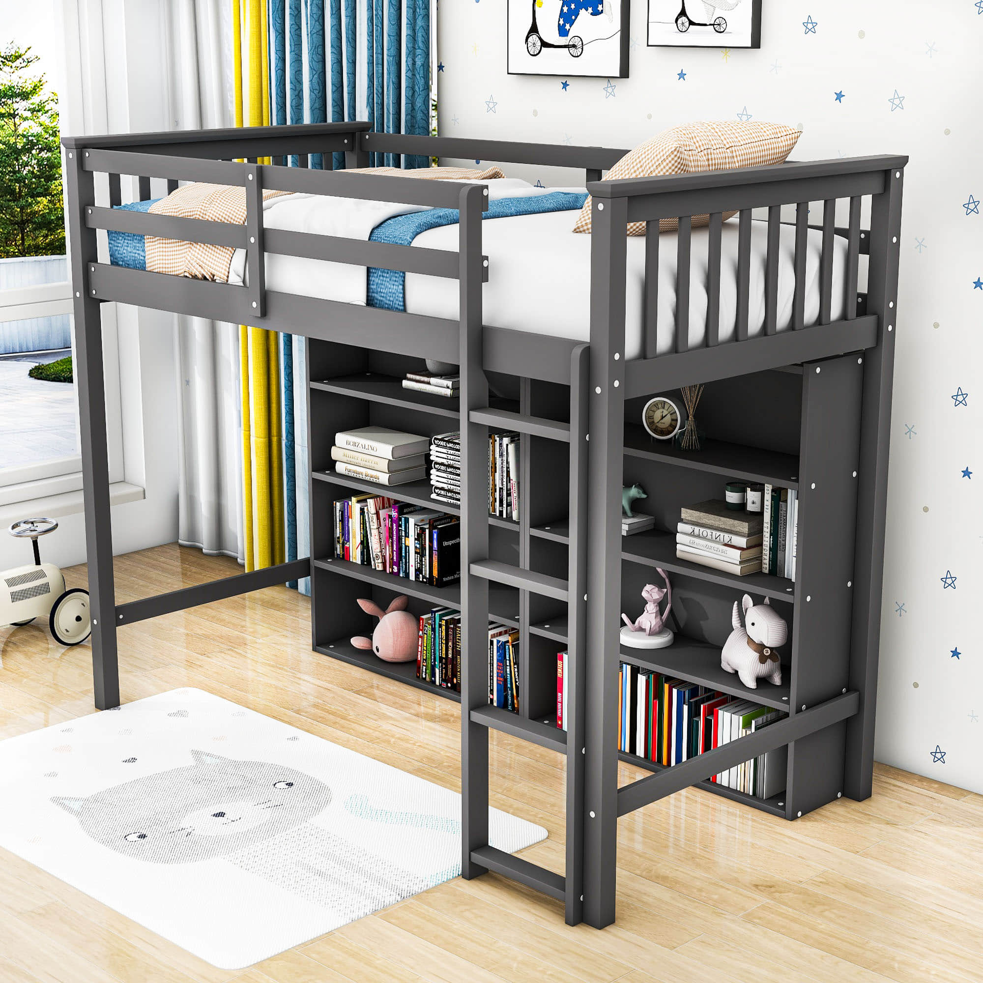 Wood Twin Loft Bed with Large Open Storage Shelves for Adults, Kids